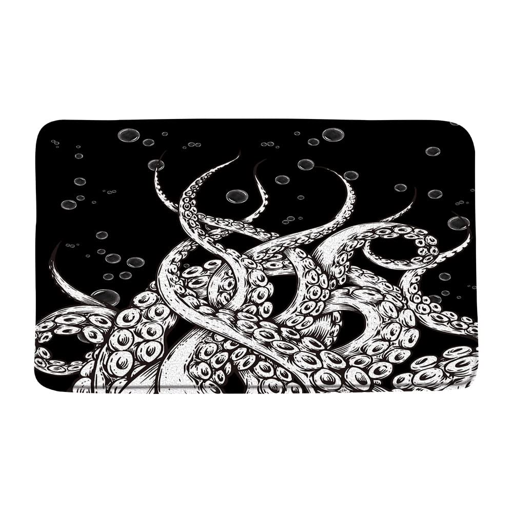 Octopus Tentacles Bath Mat - Black & White Retro Marine Animal Design, Soft Absorbent Non-Slip Bathroom Rug for Floor Decor - Perfect for Coastal, Nautical or Ocean-Themed Bathroom & Kitchen Decor