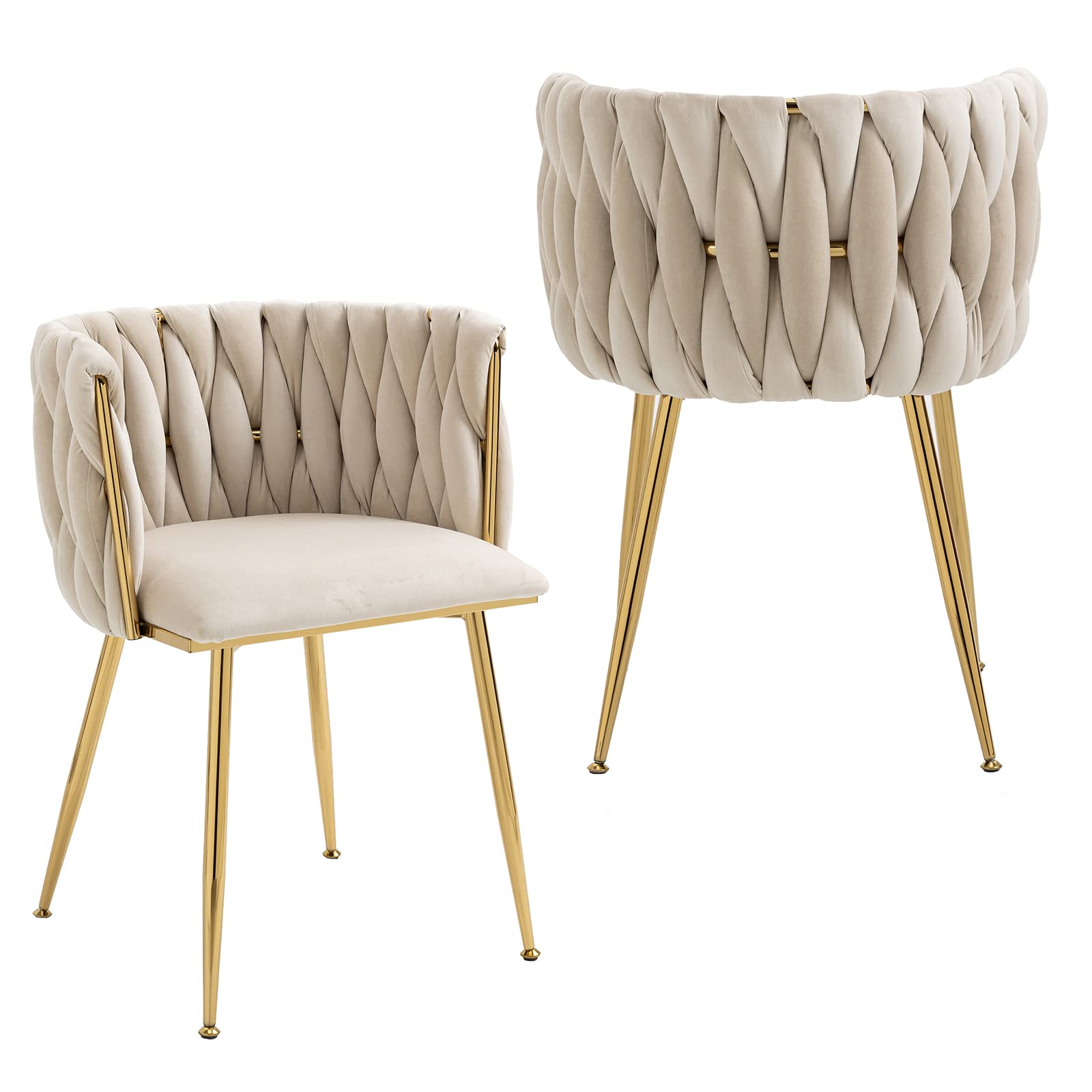 NIOIIKIT Modern Velvet Dining Chairs Set of 2 - Handwoven Upholstered Accent Chairs with Golden Metal Legs for Living Room, Dining Room, Kitchen & Vanity (Ivory) | Elegant Seating for Home Decor, Dinner Parties & Cozy Reading Nooks