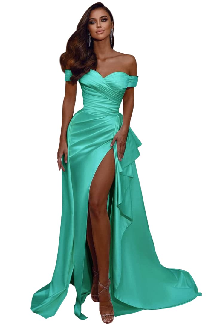 Elegant Off Shoulder Prom Dresses 2024 | Mermaid Slit Formal Evening Gowns | Satin Wedding Party Dresses for Women | Perfect for Prom Night, Evening Galas & Special Occasions