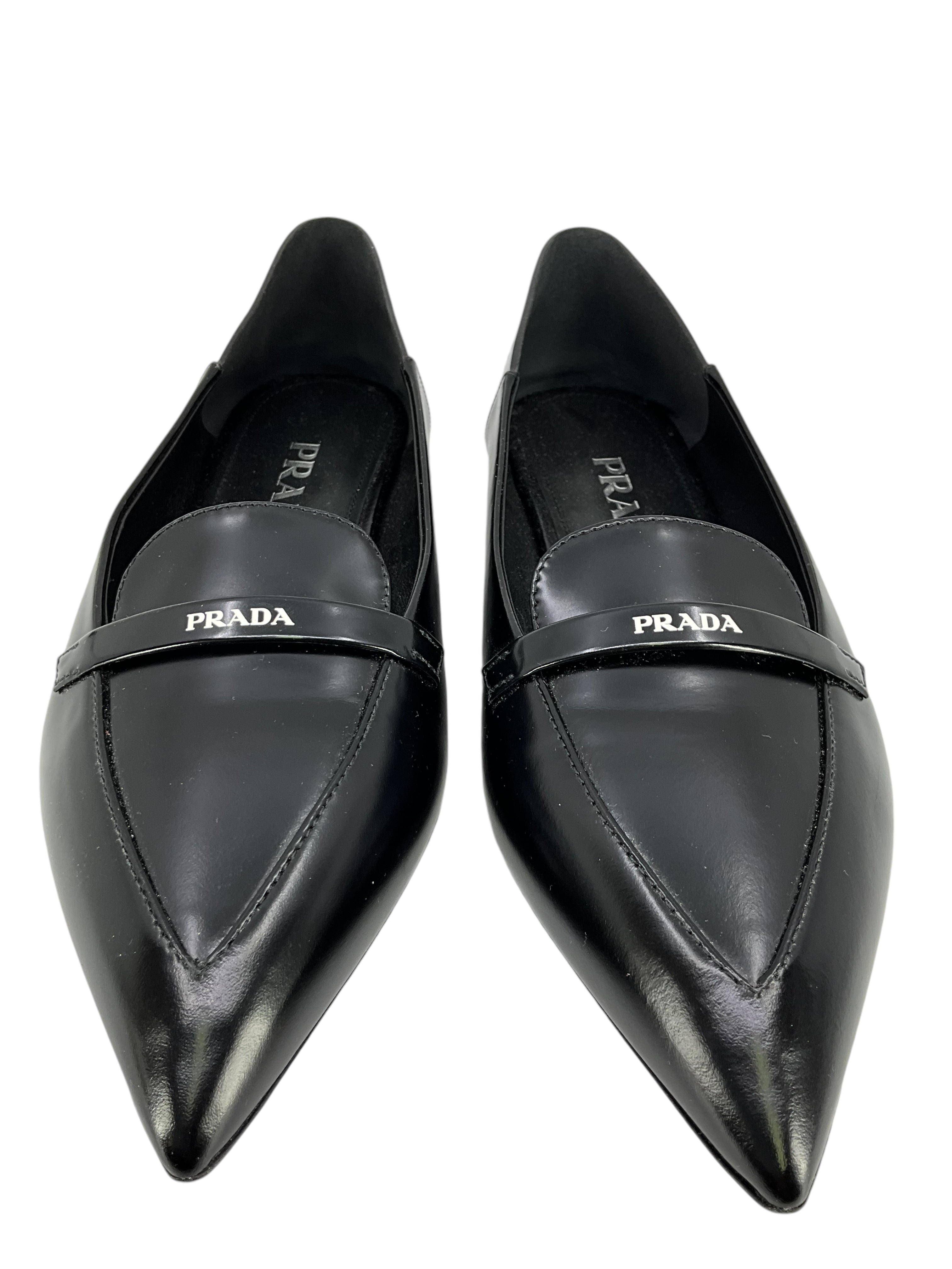 PRADA Leather Point Toe Logo Flats Women's Size 9.5 - Classic Luxury Ballet Flats for Office, Party & Everyday Wear