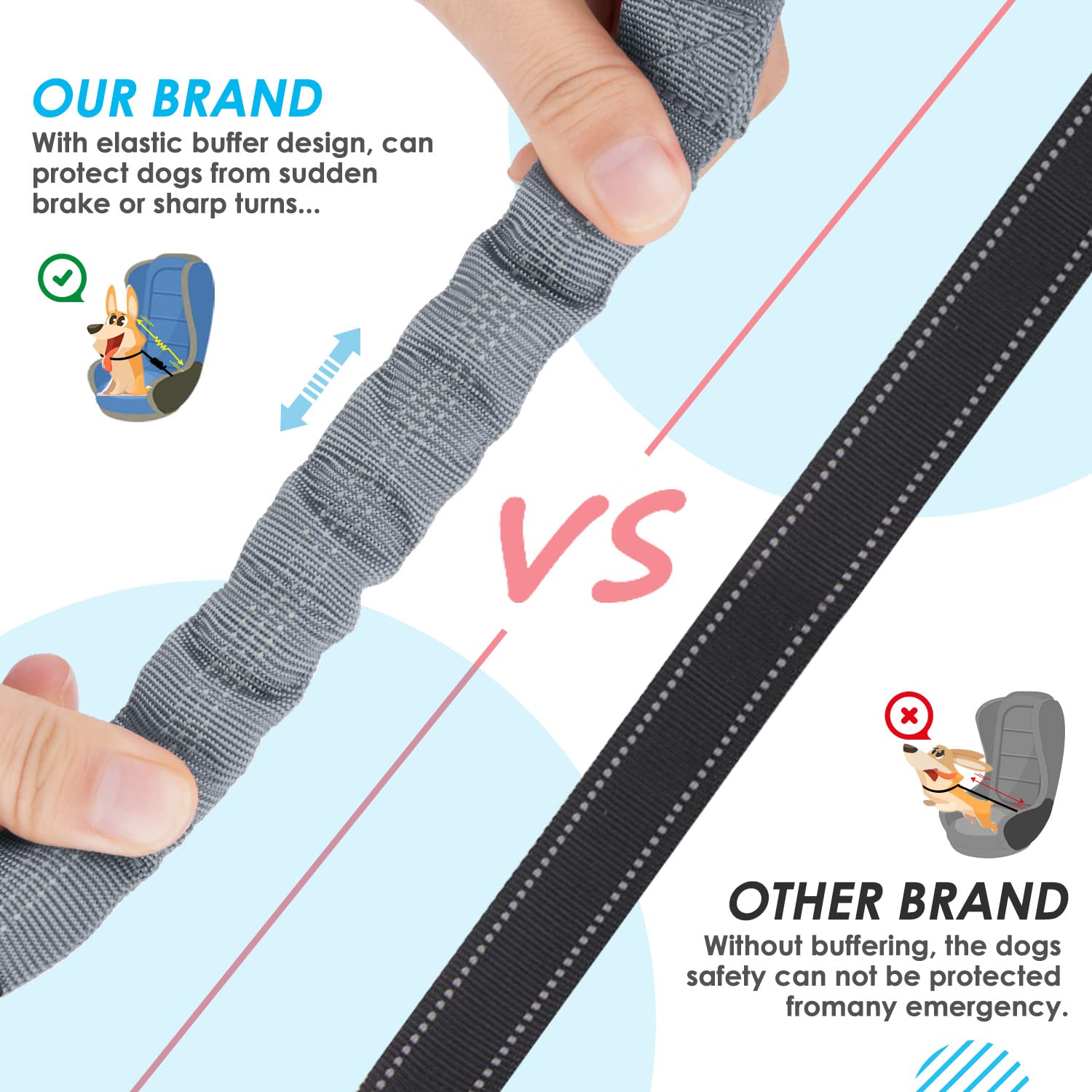 SlowTon Adjustable Double Dog Seat Belt - Y-Shape No Tangle Vehicle Safety Leash with Elastic Bungee Buffer & Reflective Strips - Medium Grey Pet Car Harness for Safe Road Trips & Daily Commutes