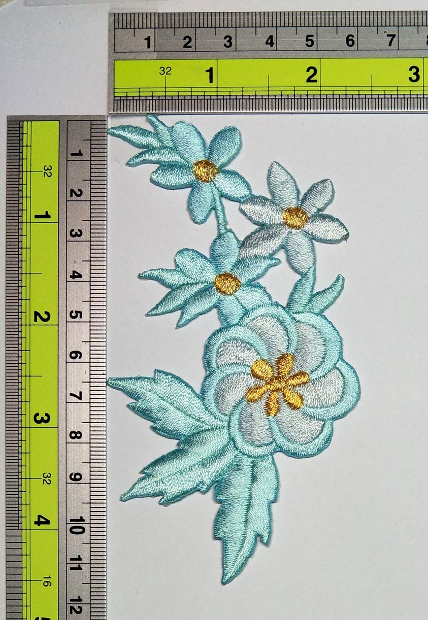 Blue Daisy Plum Blossom Iron-on Patch - Boho Floral Embroidered Applique for DIY Sewing, Costumes & Accessories - Perfect for Jackets, Jeans, Bags & Hippie Fashion