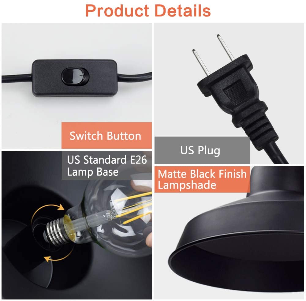 DLLT Plug-in Metal Pendant Light Fixture - 14.63ft Adjustable Hanging Lamp Cord with On/Off Switch - Industrial Style DIY Lighting for Dining Room, Restaurant, Bedroom & Indoor Plants | Perfect for Home Decor, Cafe Ambiance & Grow Light Applications