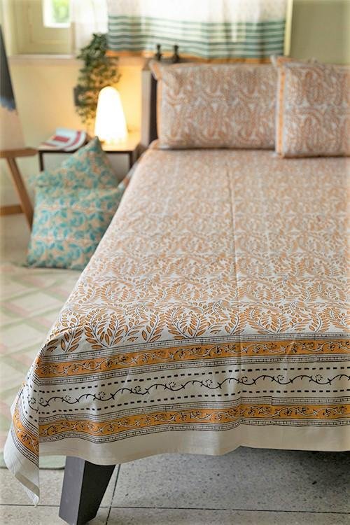 Yellow Delight Handblock Printed Cotton Bedsheet - 100% Pure Cotton Queen Size Bed Sheet Set with Traditional Indian Block Print - Perfect for Boho Bedroom Decor & Guest Room Styling