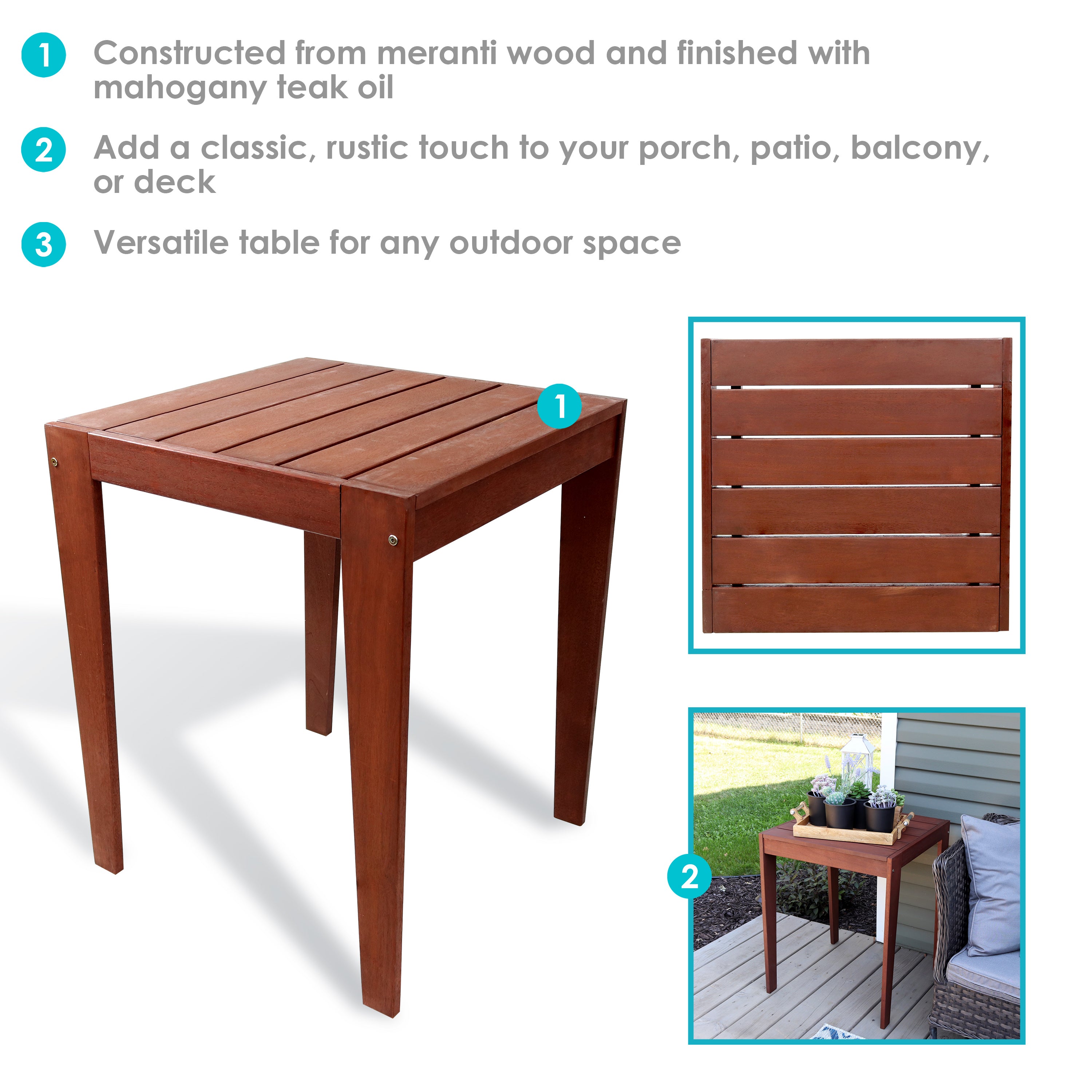 Premium Sunnydaze Meranti Wood Outdoor Table with Mahogany Teak Oil Finish - Patio, Garden & Backyard Dining Furniture for Outdoor Entertaining