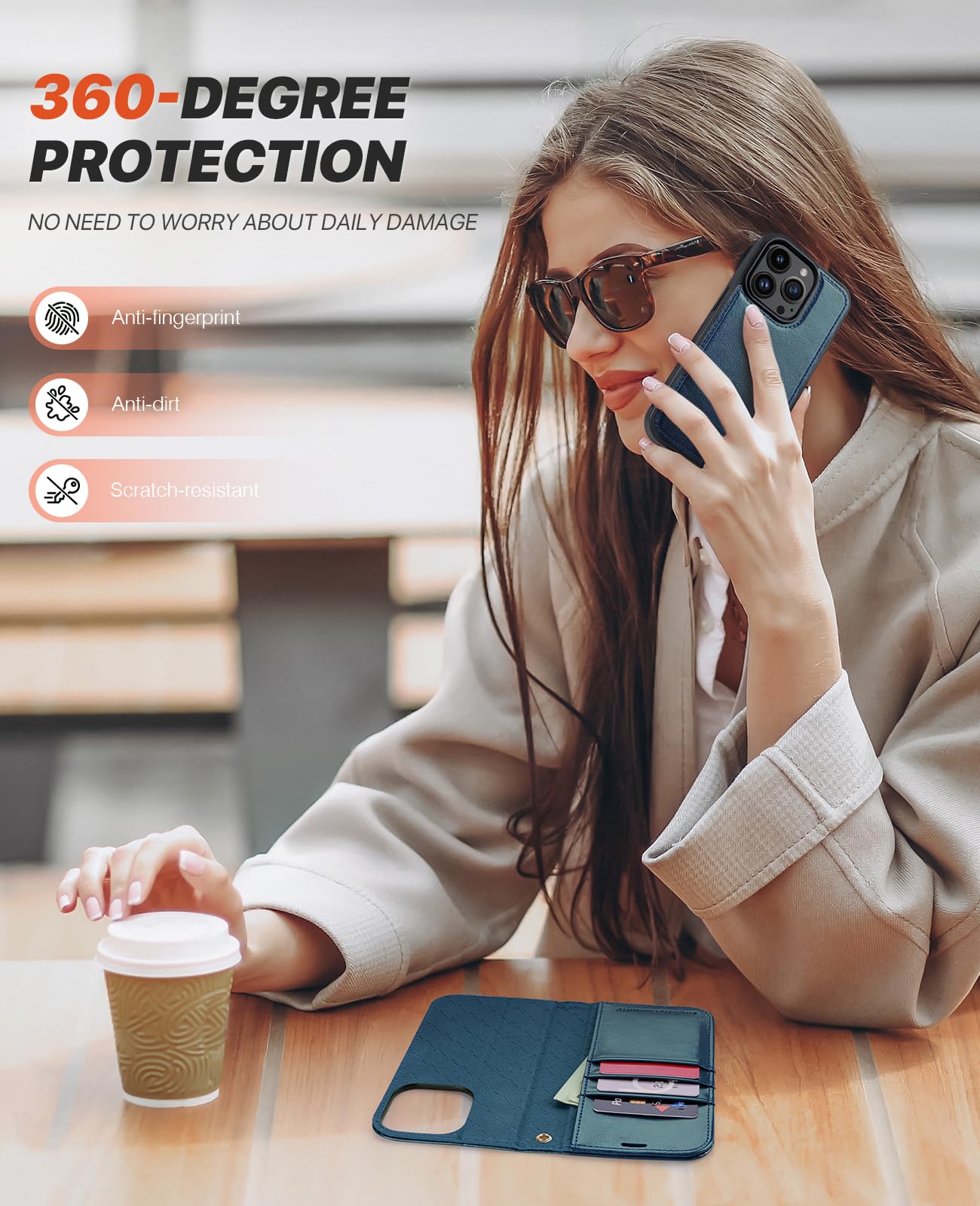 iPhone 15 Pro Wallet Case with Card Holder & RFID Blocking - Detachable Magnetic Stand Cover for Work & Travel