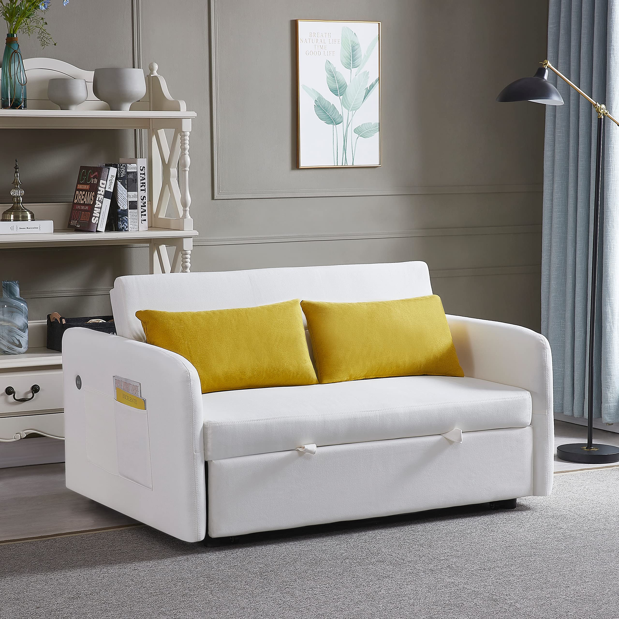 KLMM Modern Convertible Sofa Bed - Multi-Functional Adjustable Lounge Chaise with USB Port & Storage Pocket, Pull Out Sleeper Sofa with 2 Pillows for Living Room, Office, Guest Room & Small Spaces (Beige) - Perfect for Apartments, Dorms and Home Theater Seating