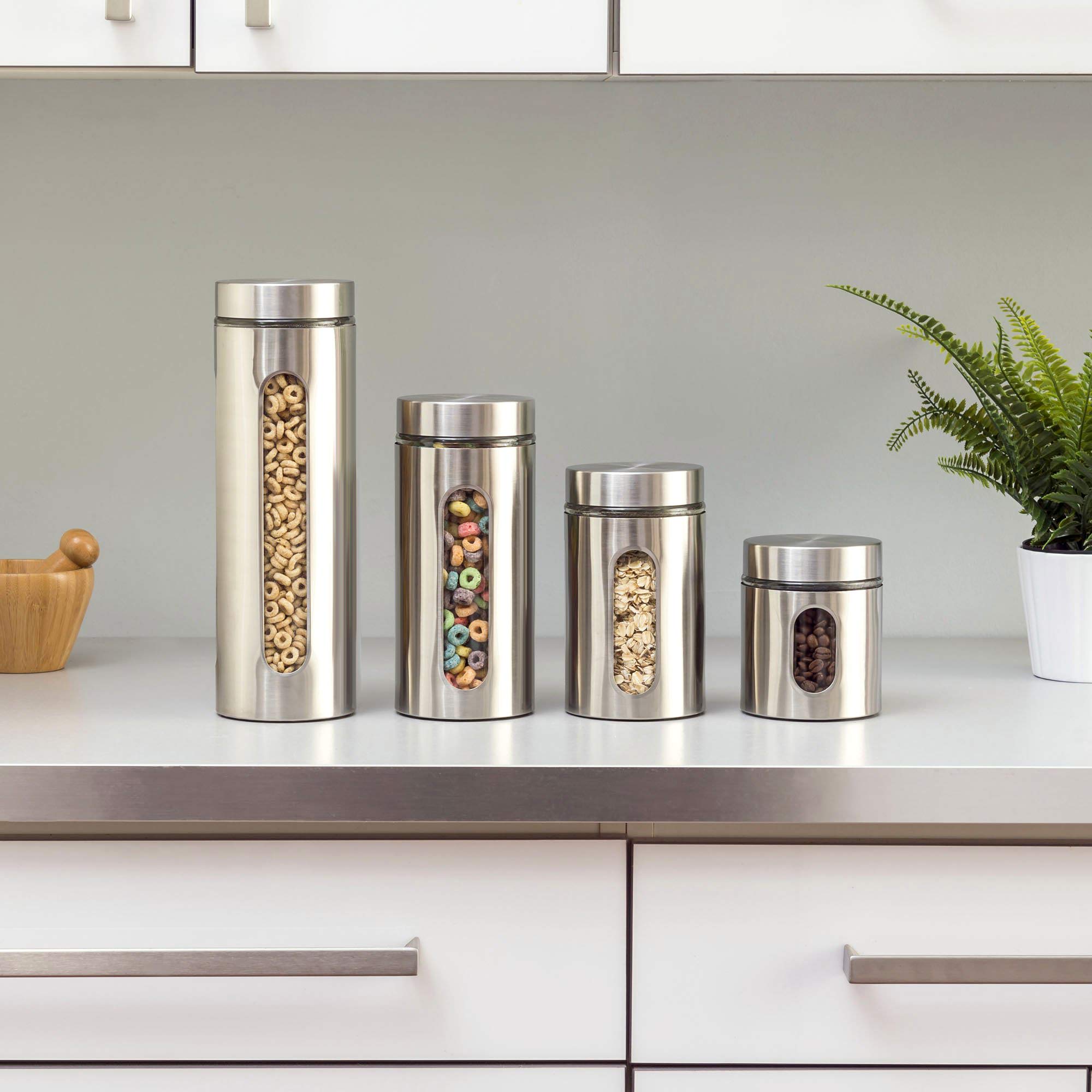 Premium 4-Piece Stainless Steel Food Storage Canister Set with Glass Window & Airtight Lids - Kitchen Countertop Pantry Organization for Coffee, Flour, Rice, Pasta, Spices & Herbs - Ideal for Baking, Cooking & Home Kitchen Storage