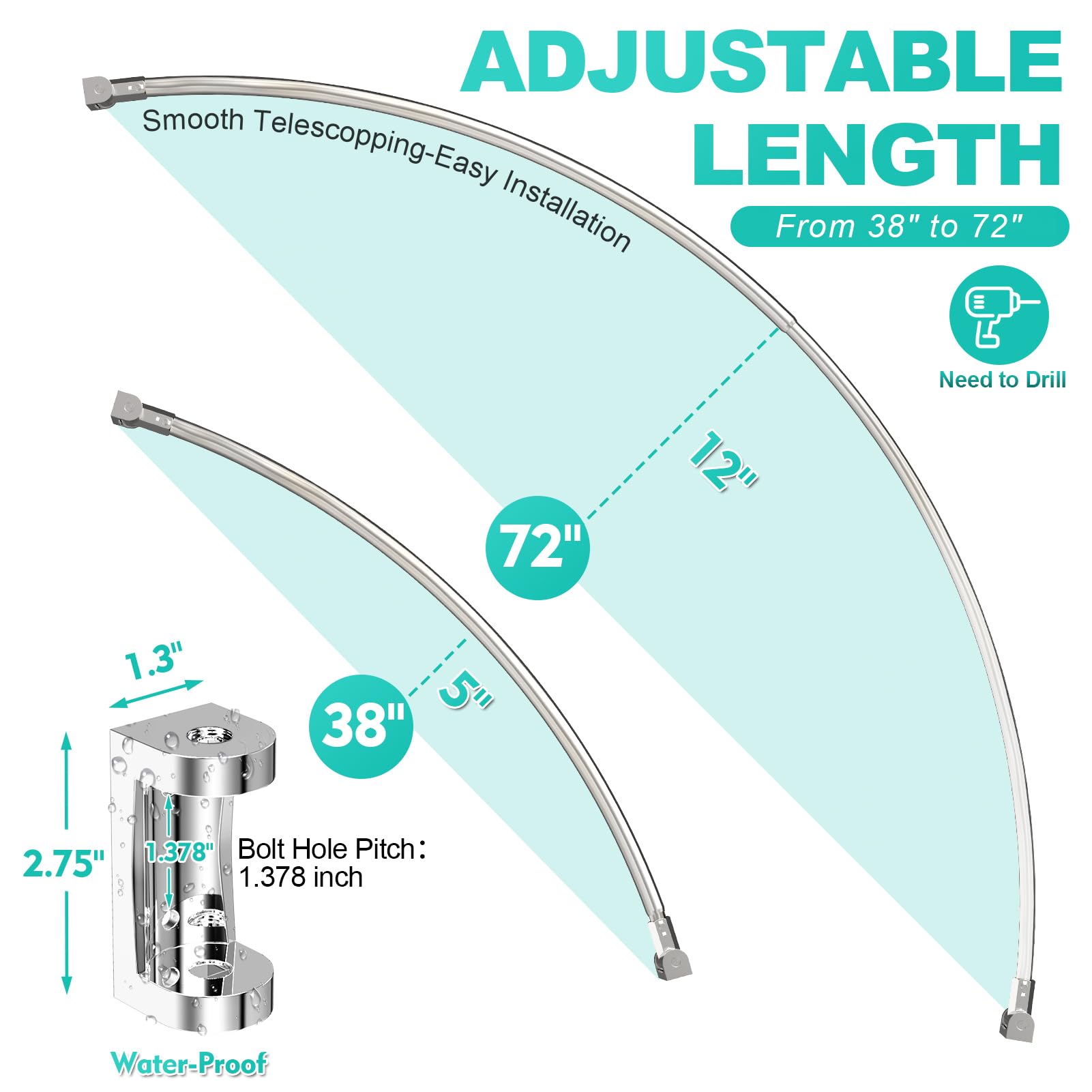 Adjustable Curved Shower Curtain Rod 38-72 Inches - Heavy Duty Metal Bathroom Shower Rod with Rotating Brackets for Spacious Showers (Drill Required, Nickel Finish) - Perfect for Modern Bathrooms & Walk-In Showers