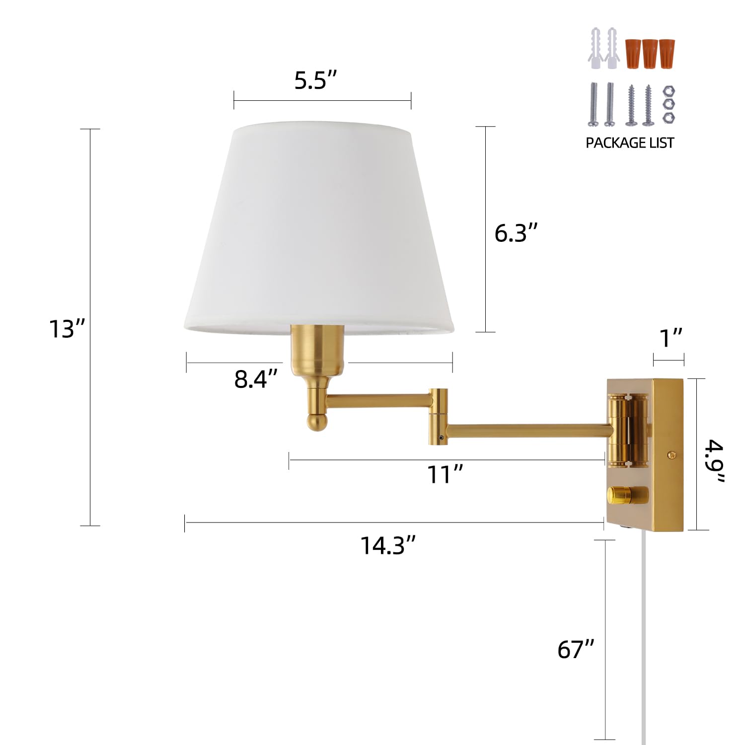 Dimmable Swing Arm Wall Sconce Light with USB Port - Adjustable Fabric Shade Bedside Lamp with Plug-in Cord, Gold Wall Light for Bedroom, Living Room & Hotel | Perfect for Reading, Nightstand Lighting and Modern Home Decor