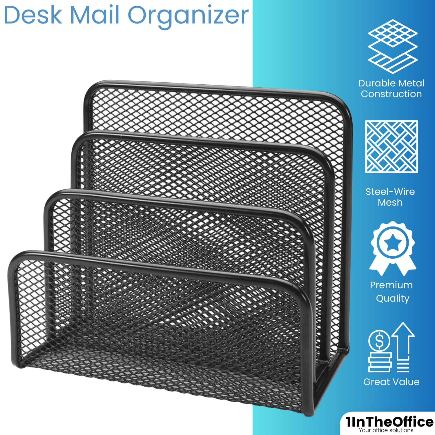 1InTheOffice Mail Organizer - Black Mesh Vertical File Sorter & Multi-Step Desk Organizer (1 Pack) | Perfect for Home Office, Workspace & Paper Management