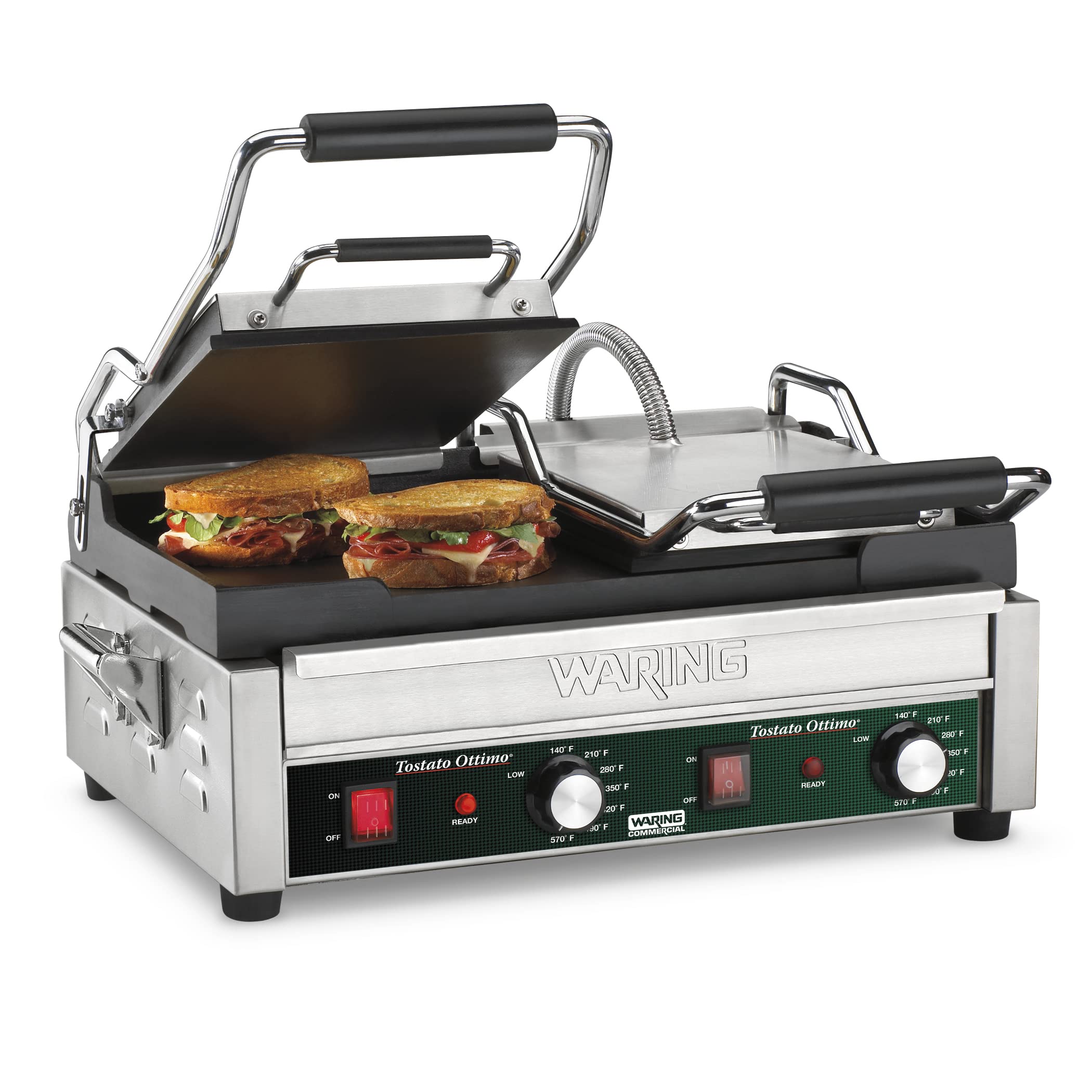 Waring Commercial WFG300T Dual Flat Panini Grill with Timer - 240V Professional Sandwich Press for Restaurants, Cafes & Home Kitchens - Perfect for Paninis, Burgers & Grilled Cheese
