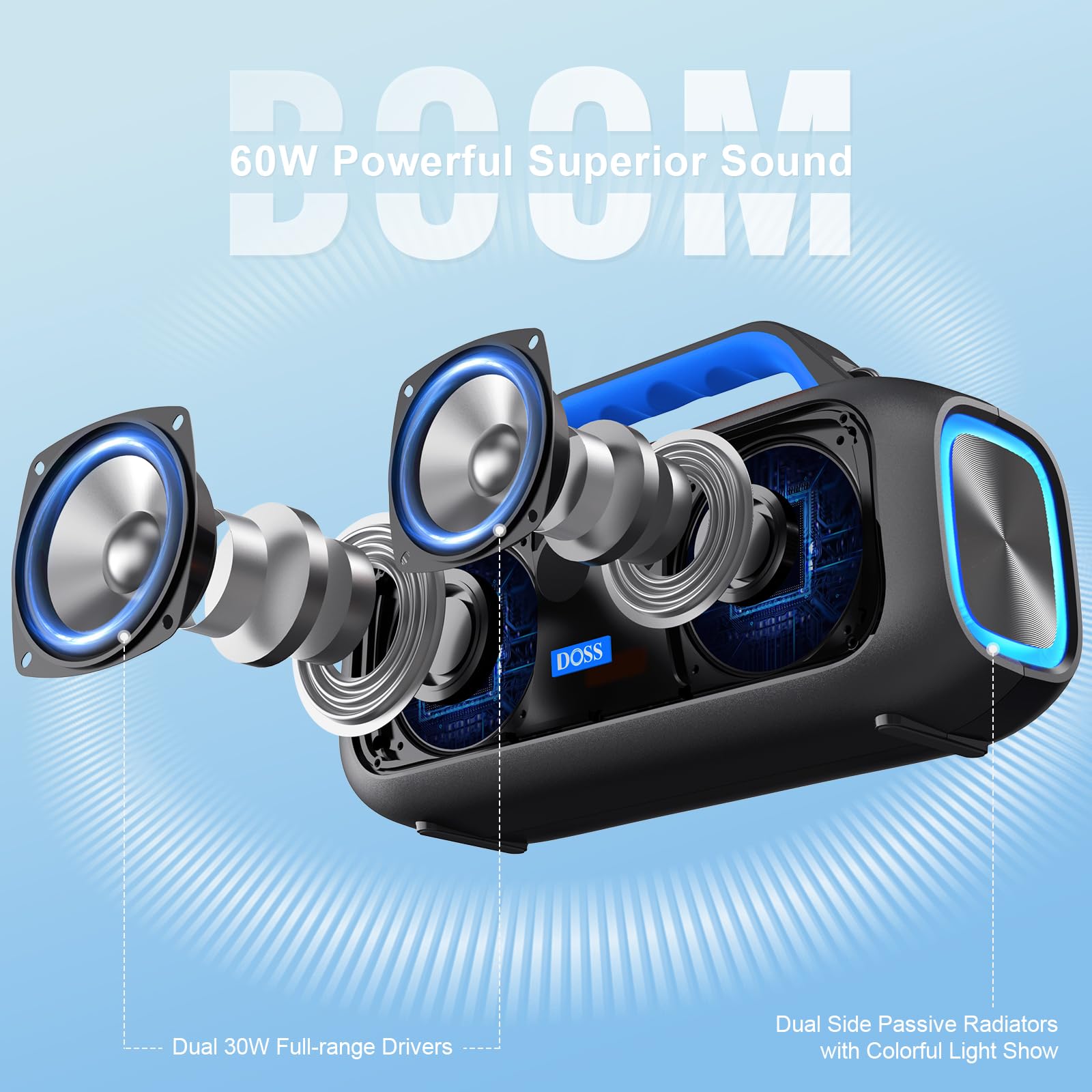 DOSS Extreme Boom S Bluetooth Speaker - 60W Wireless Portable Speaker with Stereo Sound, Rich Bass, IPX6 Waterproof, 25H Playtime, TWS & LED Lights - Perfect for Camping, Beach, Pool Parties, Hiking & Outdoor Adventures (Blue)