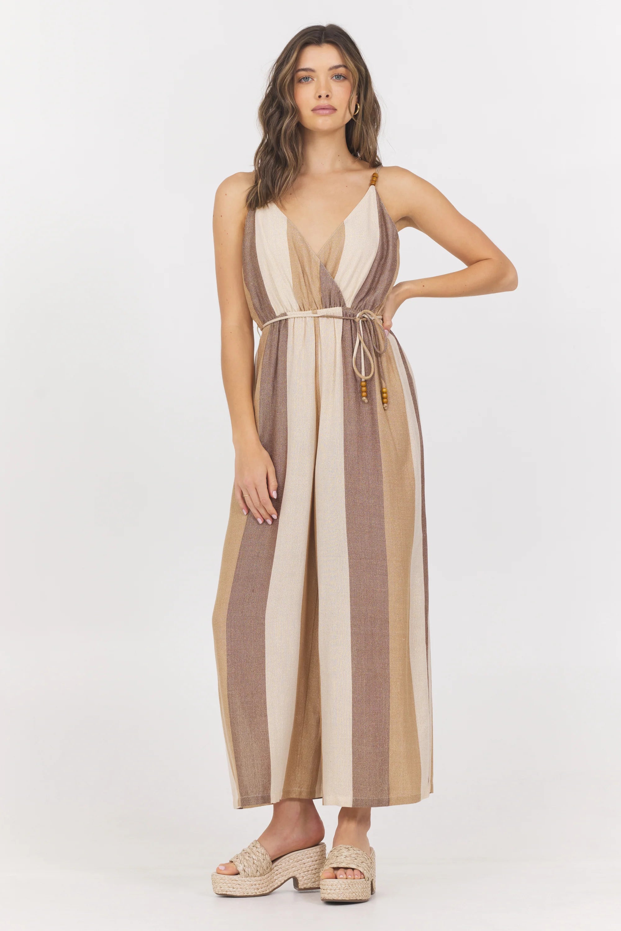Vintage Havana Woven Metallic Jumpsuit in Cocoa Stripe - Elegant Party Outfit for Women, Perfect for Night Out, Cocktail Party & Special Occasions