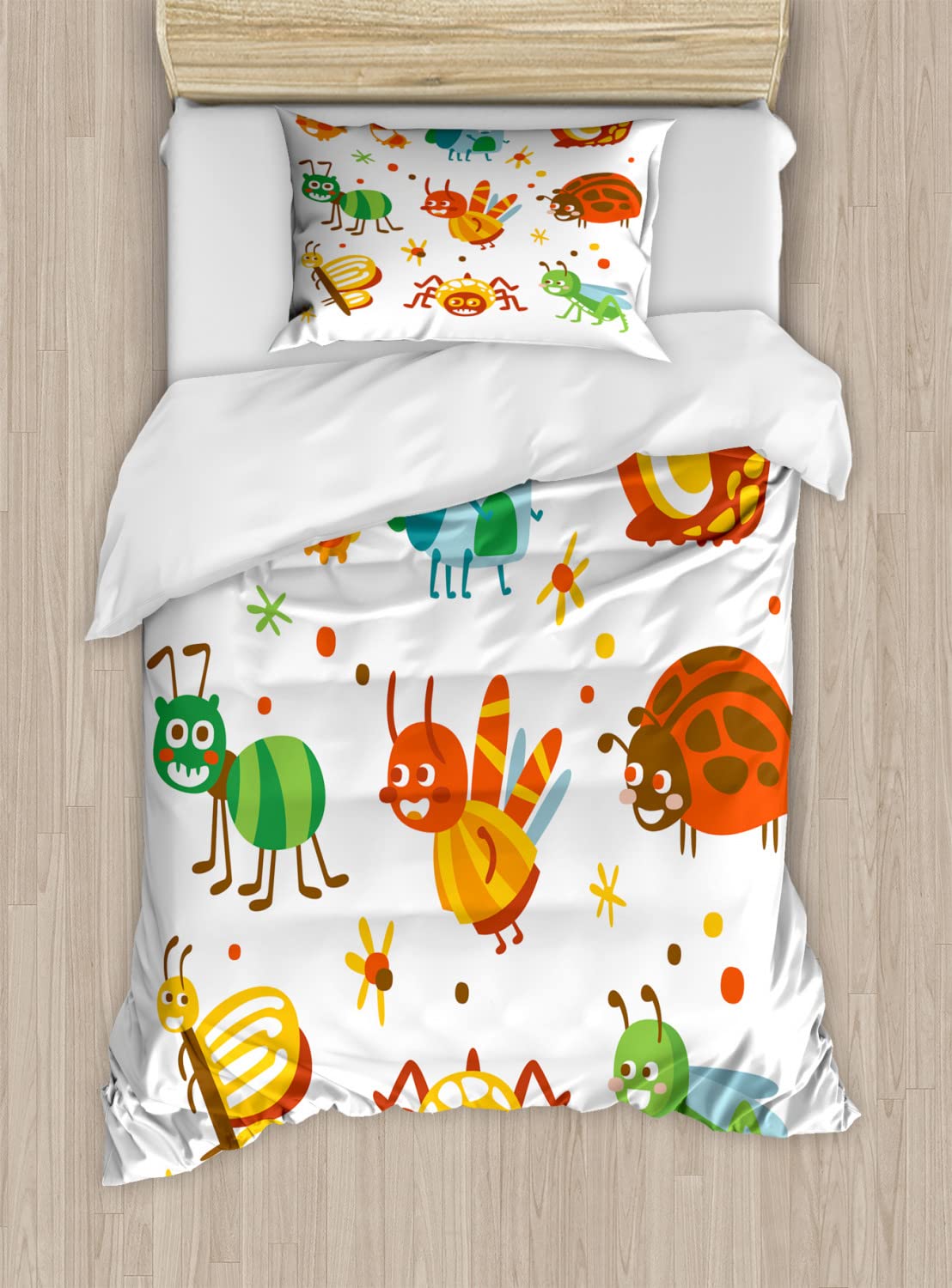 Ambesonne Caterpillar Duvet Cover Set - Colorful Cartoon Animal Print with Butterfly, Spider, Ladybug & Grasshopper Design - 2 Pack King Size Bedding Set Includes 2 Duvet Covers & 4 Pillowcases - Vibrant Multicolor Kids Room Decor for Boys Girls Bedroom