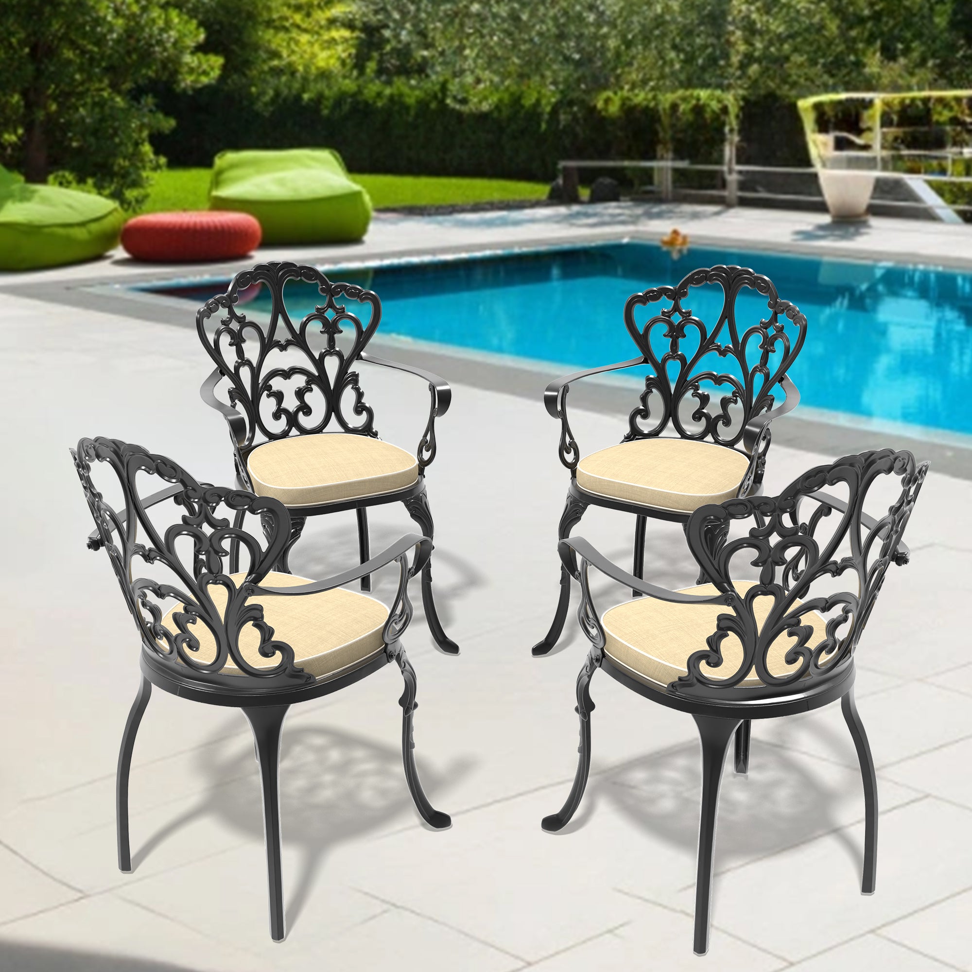 4-Piece Cast Aluminum Patio Dining Chair Set with Black Frame & Cushions - Outdoor Garden, Poolside, Backyard Furniture for Relaxing & Entertaining