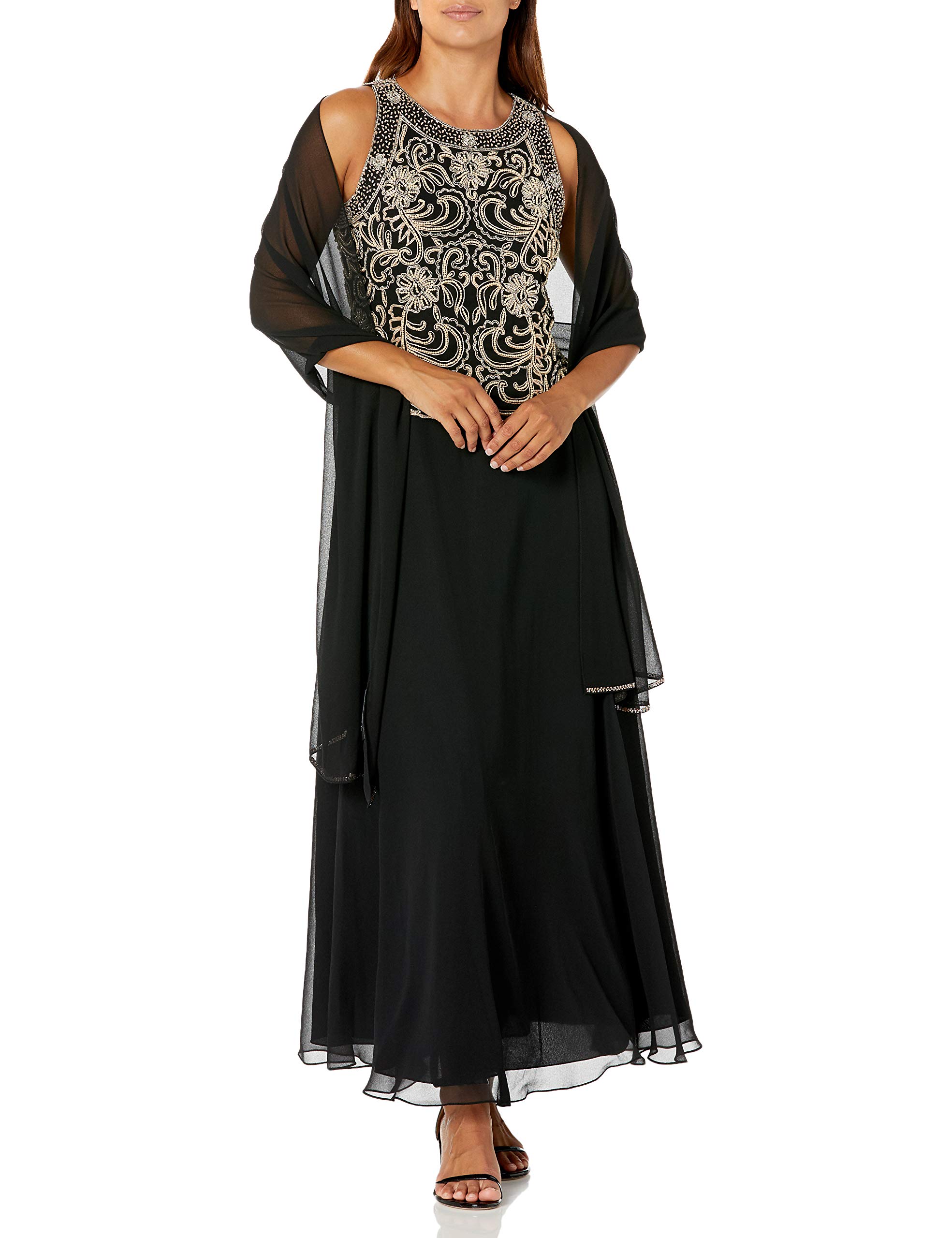 J Kara Women's Sleeveless Scallop Long Beaded Dress with Scarf - Petite Size Formal Evening Gown for Weddings, Parties & Special Occasions