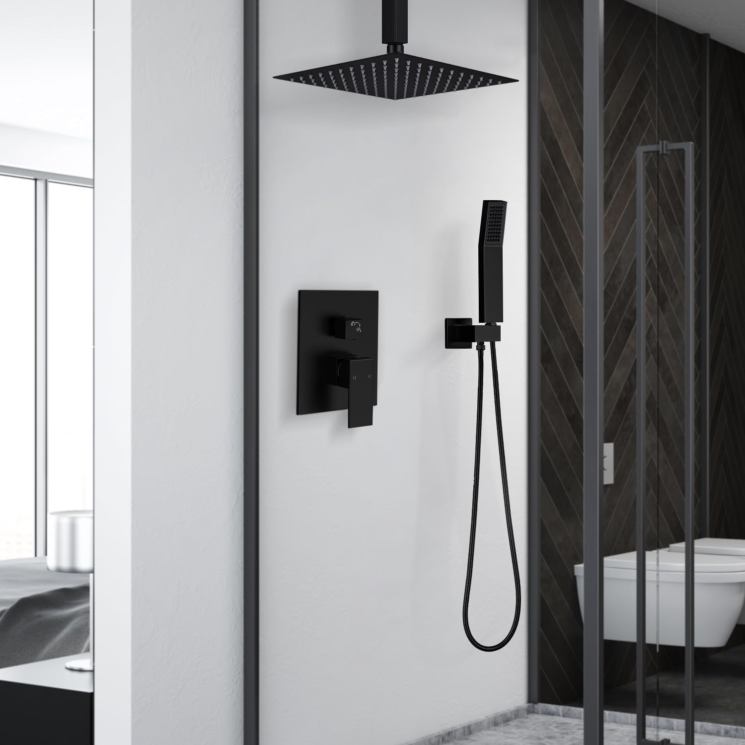 10 Inch Square Ceiling Mount Rainfall Shower System - SUS304 Stainless Steel Shower Faucet Set with Black Trim Kit for Modern Bathroom | Perfect for Spa-Like Experience & Luxury Home Renovation