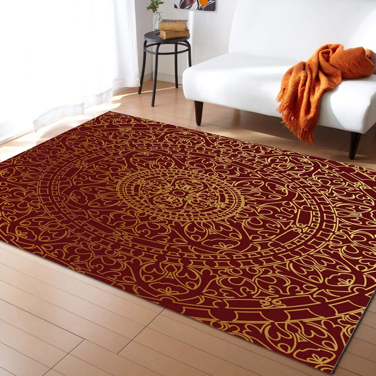 India Gold Ornament Floral Circle Pattern Area Runner Rug 4'x7' - Washable Indoor Outdoor Rug for Kitchen, Living Room, Bathroom, Bedroom, Classroom & Laundry Room - Non-Slip Door Mat, Welcome Mat & Desk Carpet for Home Decor