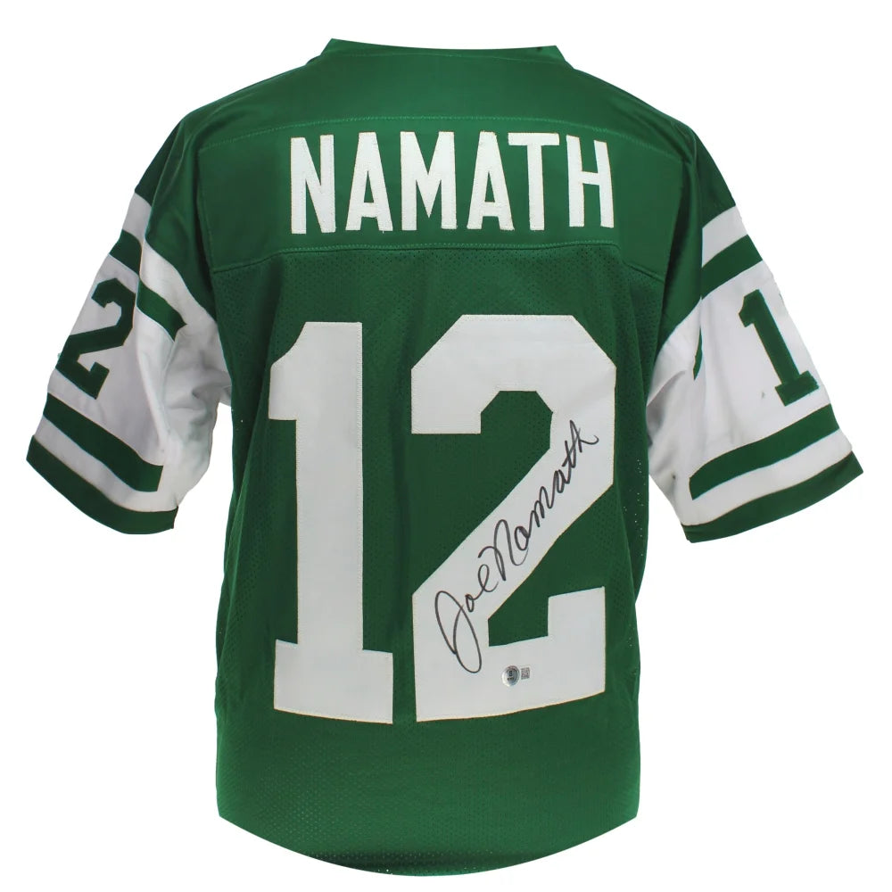 Authentic Joe Namath Autographed New York Jets Green Football Jersey with BAS COA - Broadway Joe Signed Collectible for Sports Memorabilia & Fan Display