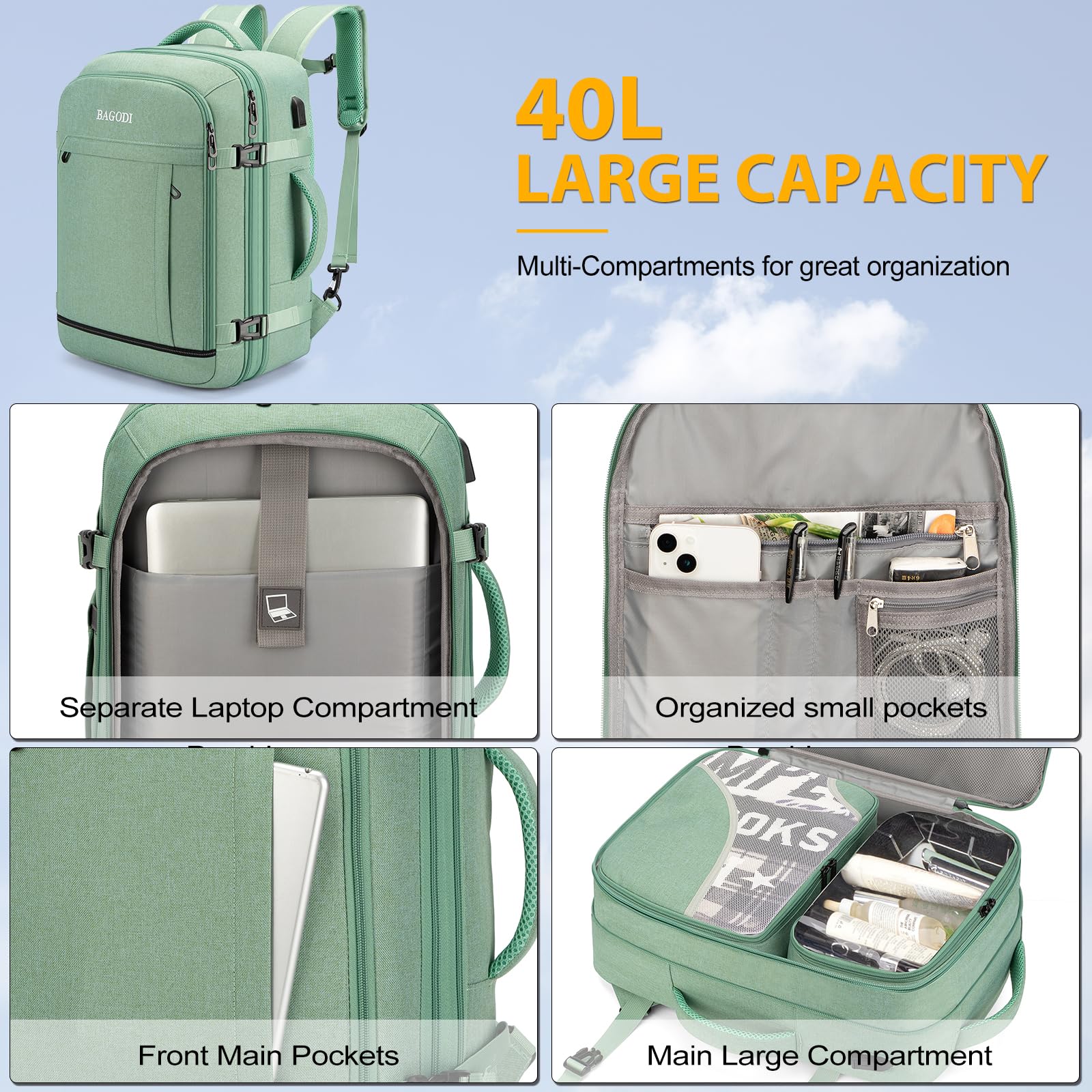 BAGODI 42L Flight Approved Travel Backpack with Laptop Compartment & Packing Cubes for Business Travel