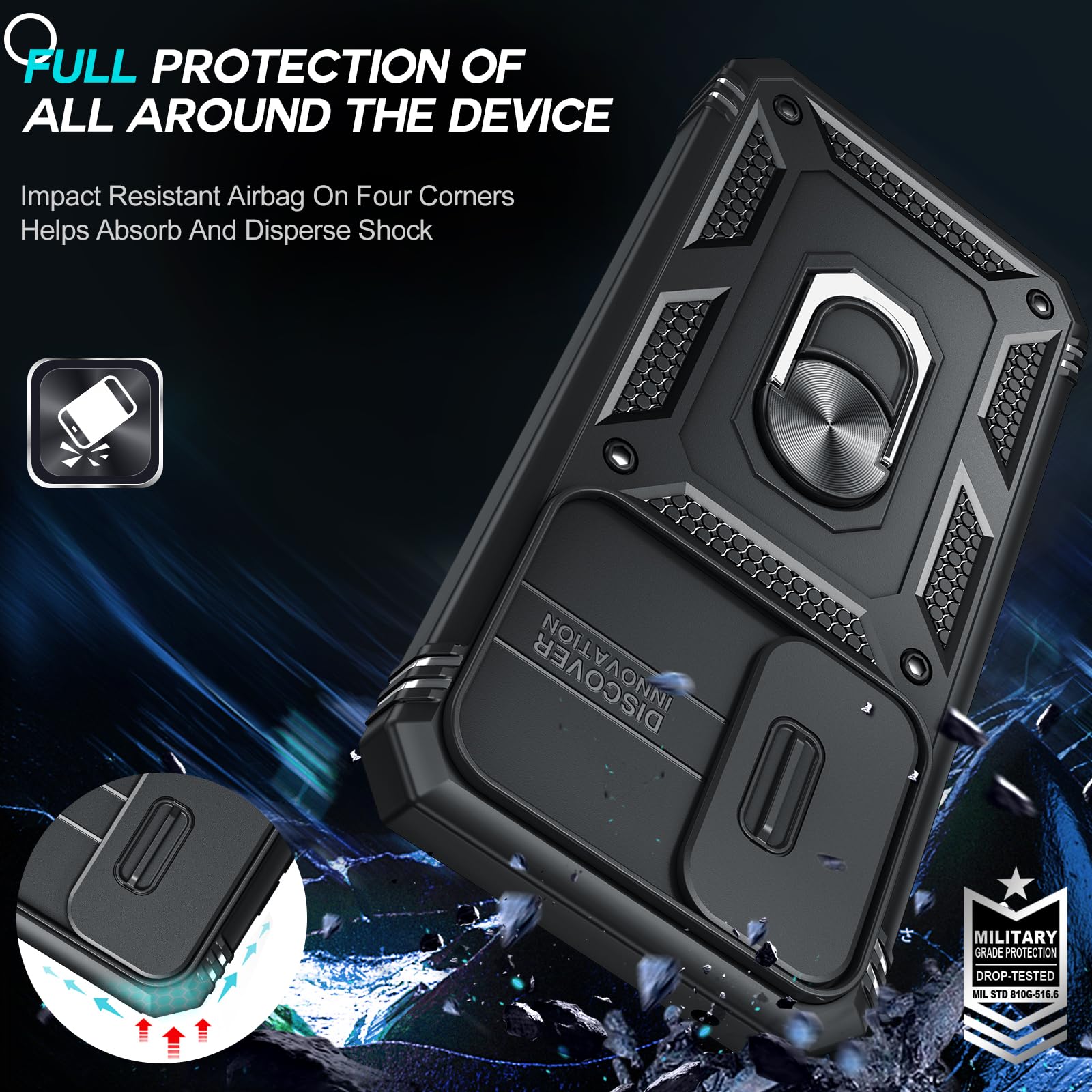Shockproof Armor Case for Samsung Galaxy A35 5G with Camera Cover Slider & Ring Stand | 2-Pack Tempered Glass Screen Protectors Included | Full Body Protection for Work, Travel & Outdoor Activities (Black)