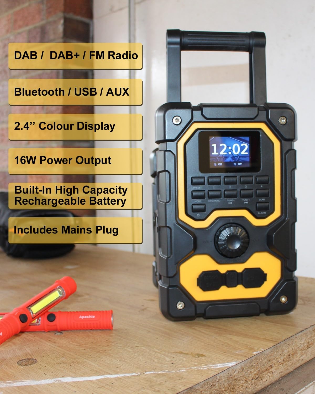 UEME 16W Jobsite DAB/DAB+ FM Radio - Rugged Construction Bluetooth Radio with Rechargeable Battery, AUX Input & USB Charging | Perfect for Builders, Contractors & Outdoor Work Sites | Includes Mains Adaptor