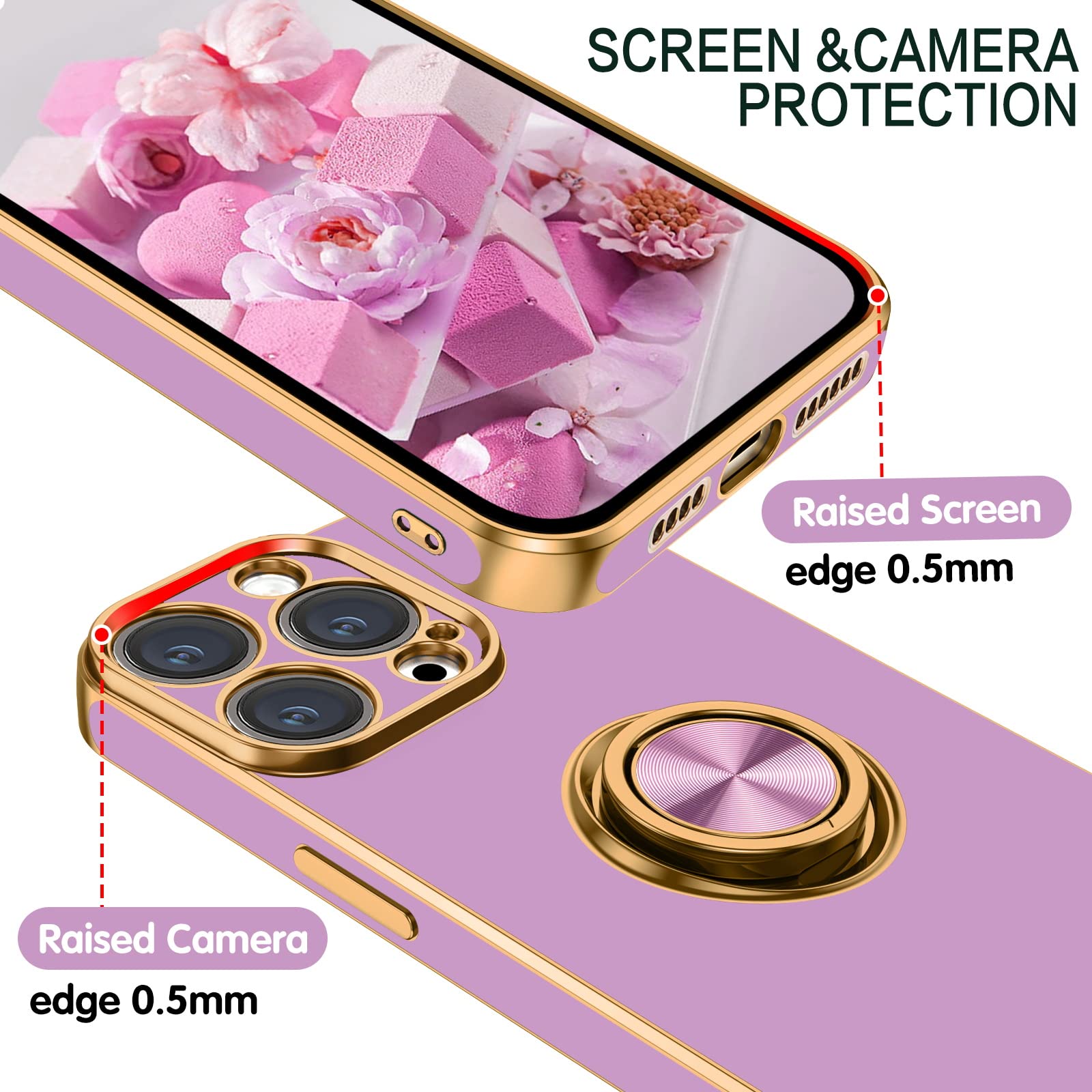 360° Rotating Kickstand iPhone 14 Pro Max Case - Shockproof TPU Bumper with Metal Ring Holder, Slim Flexible Protective Cover (Purple) - Perfect for Workouts, Travel & Everyday Use