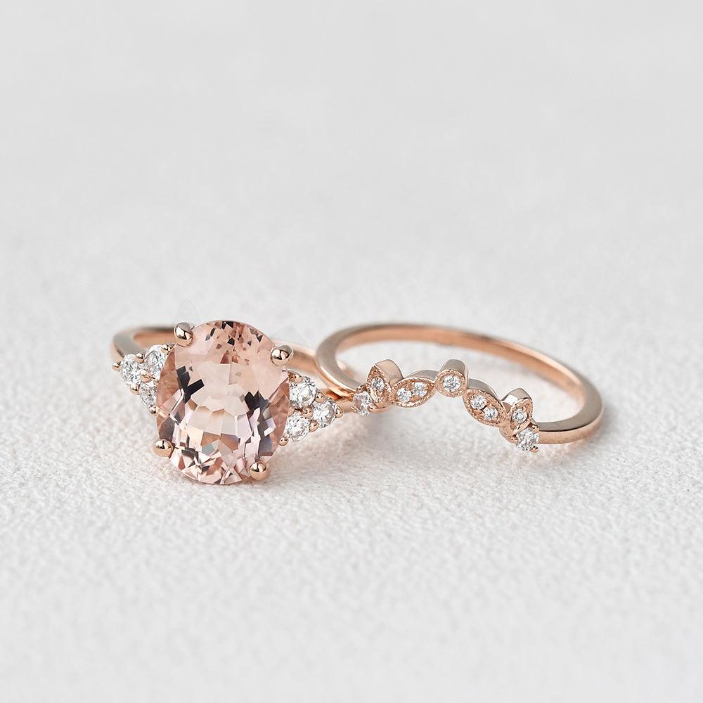 4.75ct Oval Cut Peachy Morganite Rose Gold Ring Set - 2 Piece Bridal Jewelry Set for Engagement, Wedding & Anniversary Gifts