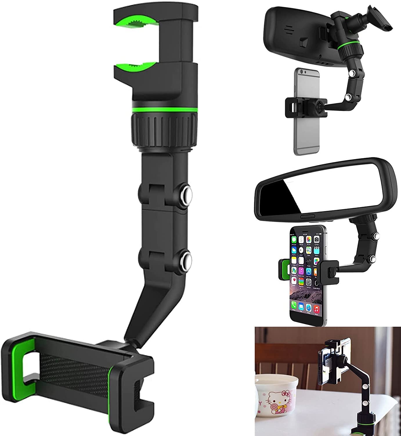 360° Rotatable Car Phone Mount Holder - Universal Adjustable Rearview Mirror Phone Stand for GPS & Hands-Free Driving - Perfect for Road Trips, Commuting & Navigation (Green)