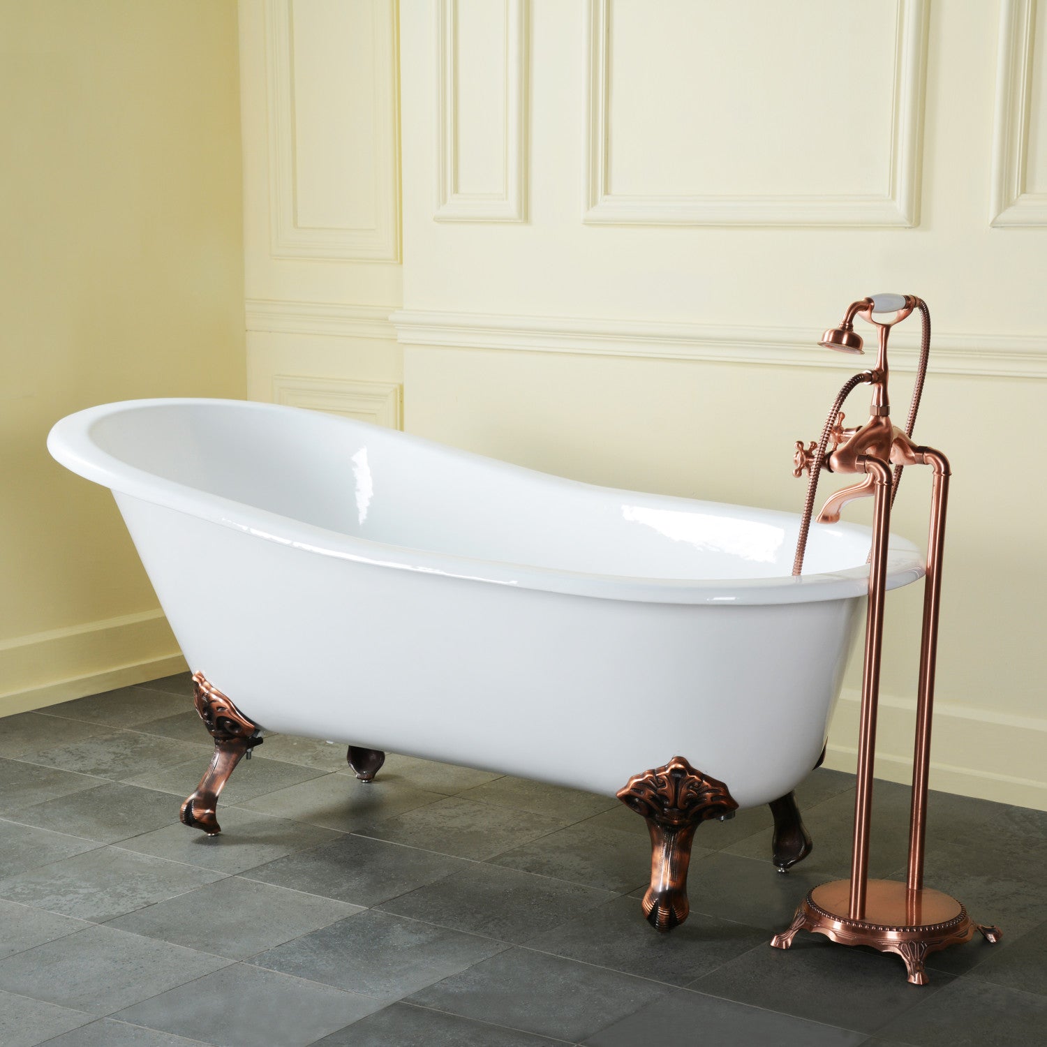 57 Inch Freestanding Cast Iron Clawfoot Bathtub - Vintage Single Slipper Tub (No Faucet Holes) for Luxury Bathroom & Spa Relaxation