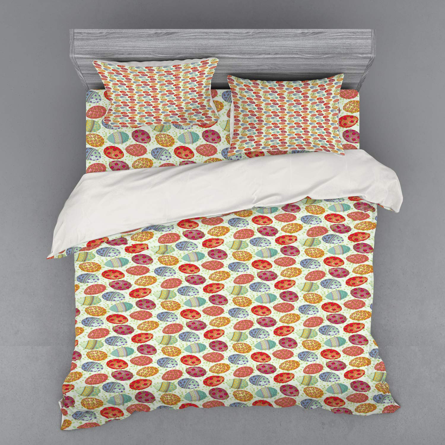 Ambesonne Easter Duvet Cover Set - Vintage Floral Painted Eggs on Green Leafy Branches Design, 4-Piece King Size Bedding Set with Shams & Fitted Sheet, Multicolor | Perfect for Spring Decor, Holiday Bedroom Makeover & Easter Gift Ideas