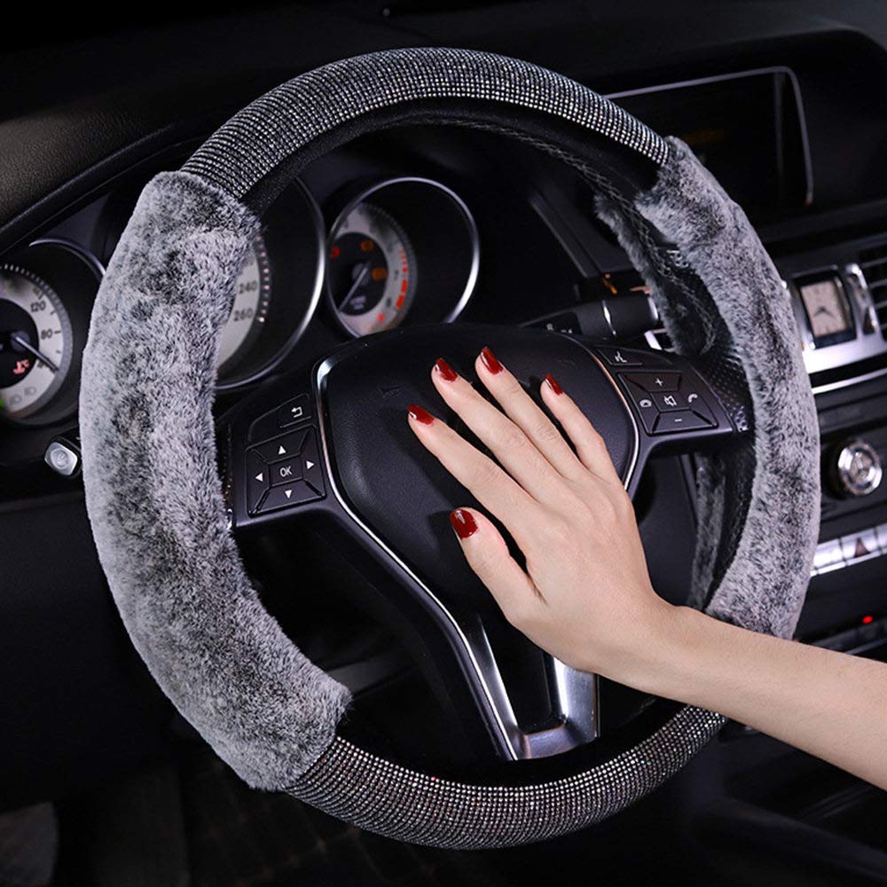 Rhinestone Bling Steering Wheel Cover - Winter Warm Diamond Fuzzy Car Steering Wheel Cover for Women - Universal 15 Inch (38 cm) Grey - Perfect for Cold Weather Driving & Stylish Car Interior Upgrade