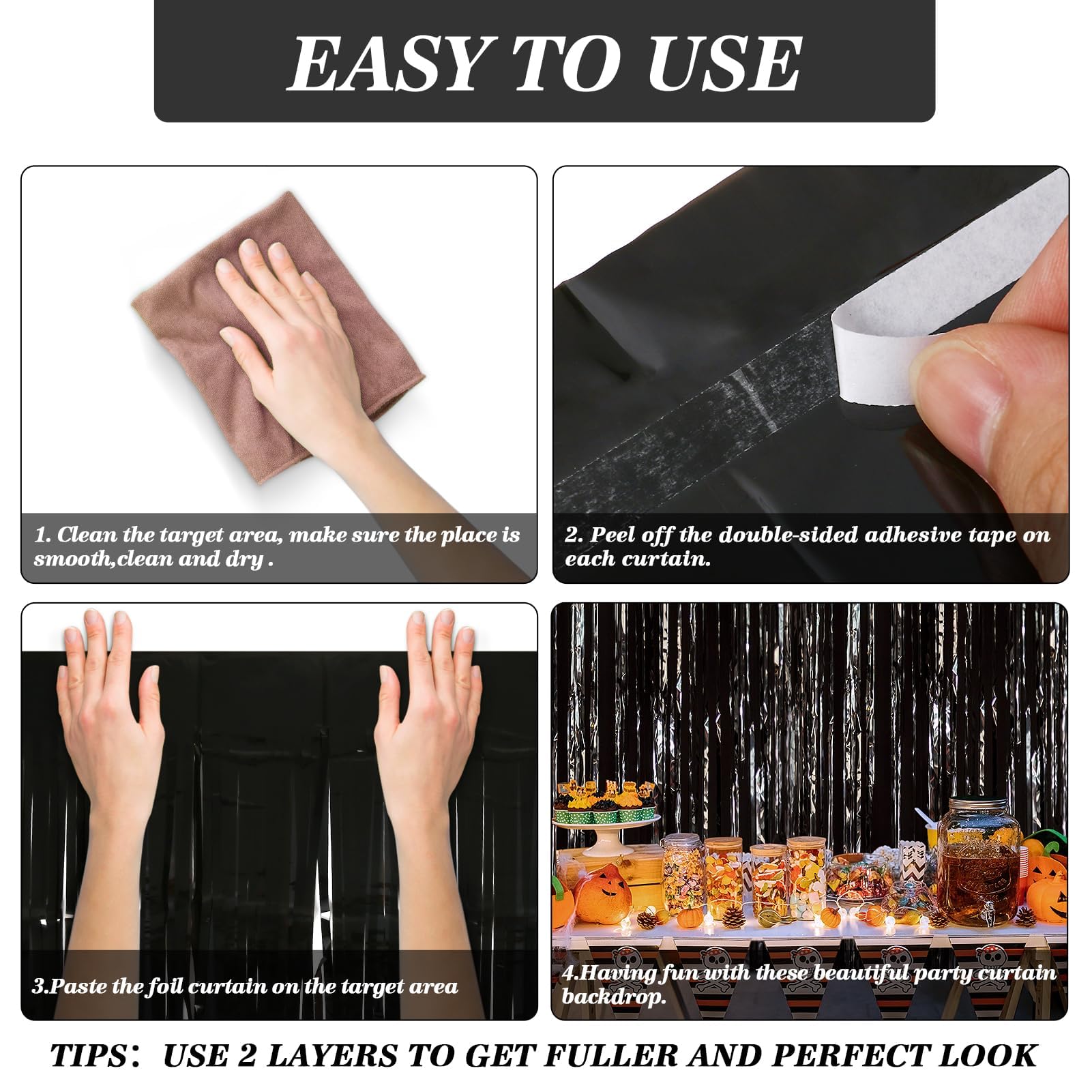 3 Pack Black Halloween Decorations - 3.28 x 9.84 ft Fringe Tinsel Backdrop Curtain for Halloween Party, Birthday, Wedding & Special Events | Spooky Party Supplies, Photo Booth Background, Haunted House Decor