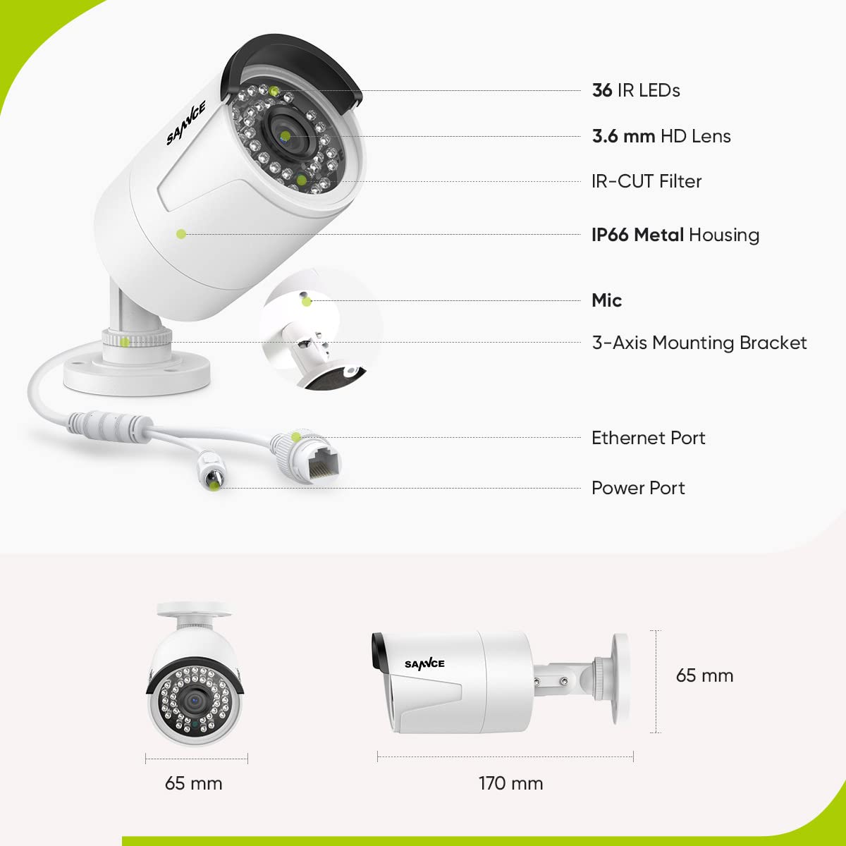 3MP SANNCE POE CCTV Security Camera - 2 Pack Outdoor Weatherproof IP66, 3.6mm Lens with 36 IR-LEDs for 24/7 Night Vision | Ideal for Home Surveillance, Business Security & Property Monitoring