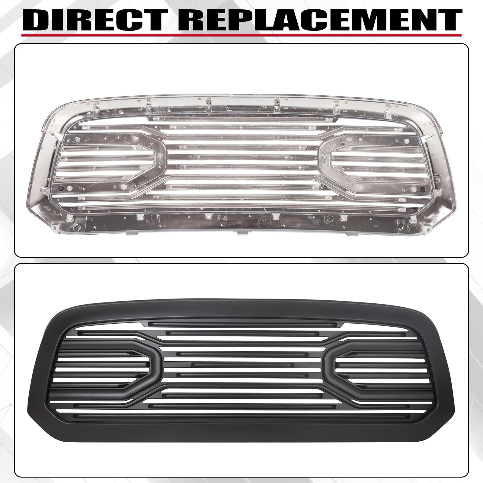 HECASA Front Big Horn Grille Replacement for 2013-2018 Dodge RAM 1500 | Black Shell Design (Without Light) | Durable & Stylish Upgrade for Off-Road & Daily Driving