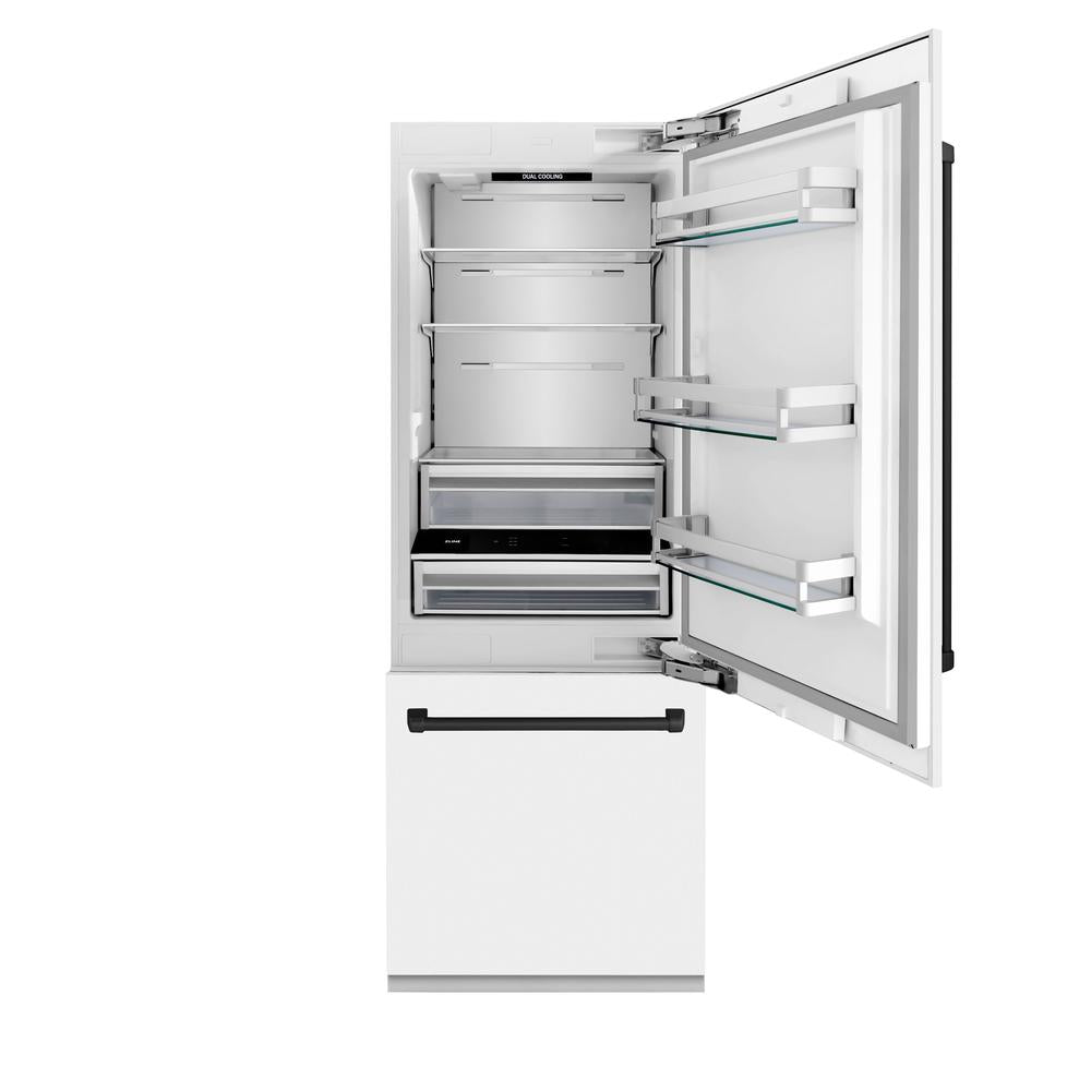ZLINE Autograph Edition 30 Inch Built-In Bottom Freezer Refrigerator - 16.1 cu ft Capacity, Water Dispenser & Ice Maker - White Matte Finish with Matte Black Accents (RBIVZ WM 30 MB) - Perfect for Modern Kitchens & Open Concept Homes
