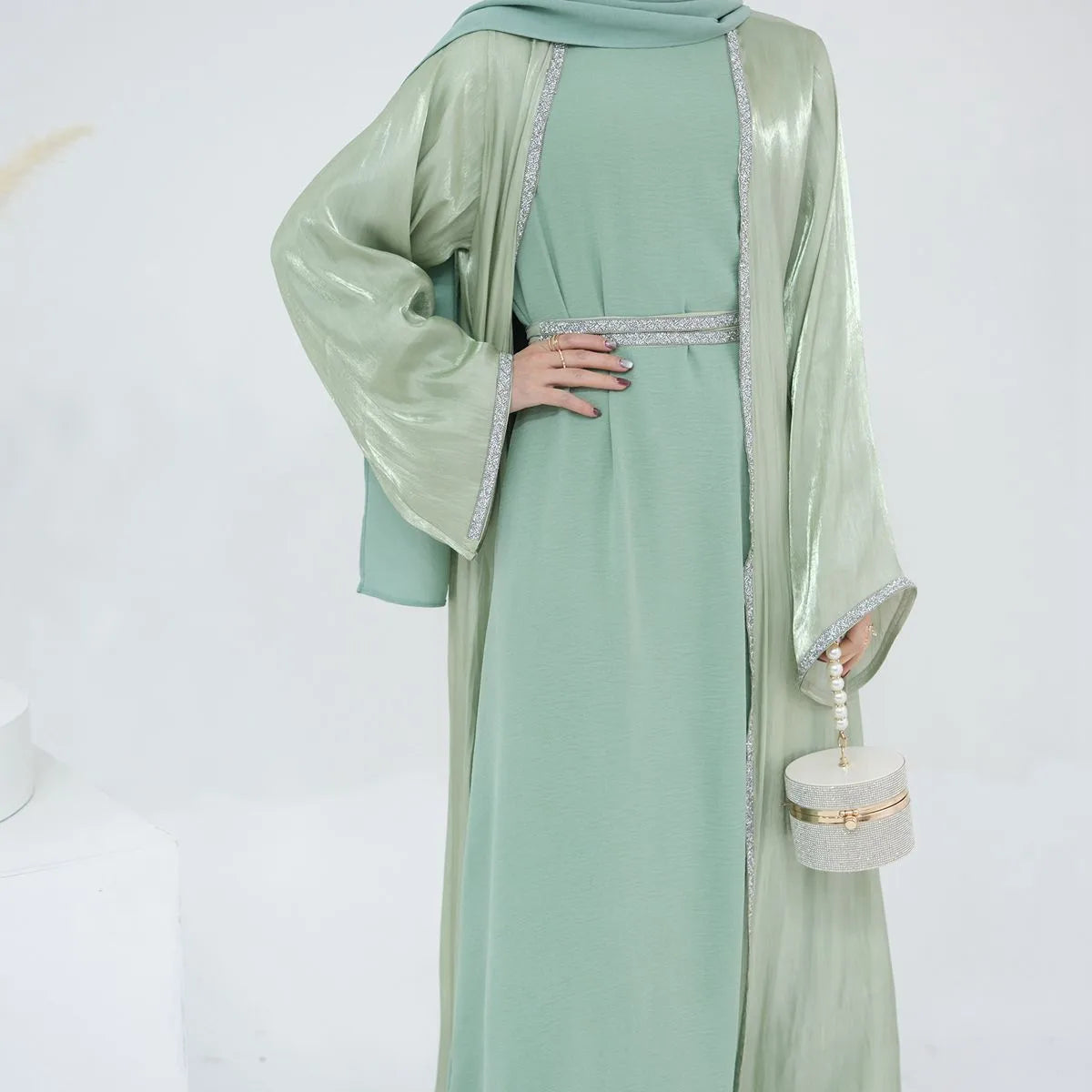 2-Piece Hotfix Rhinestone Sparkling Open Abaya Dress Set with Inner Dress - Perfect for Weddings, Parties & Special Occasions