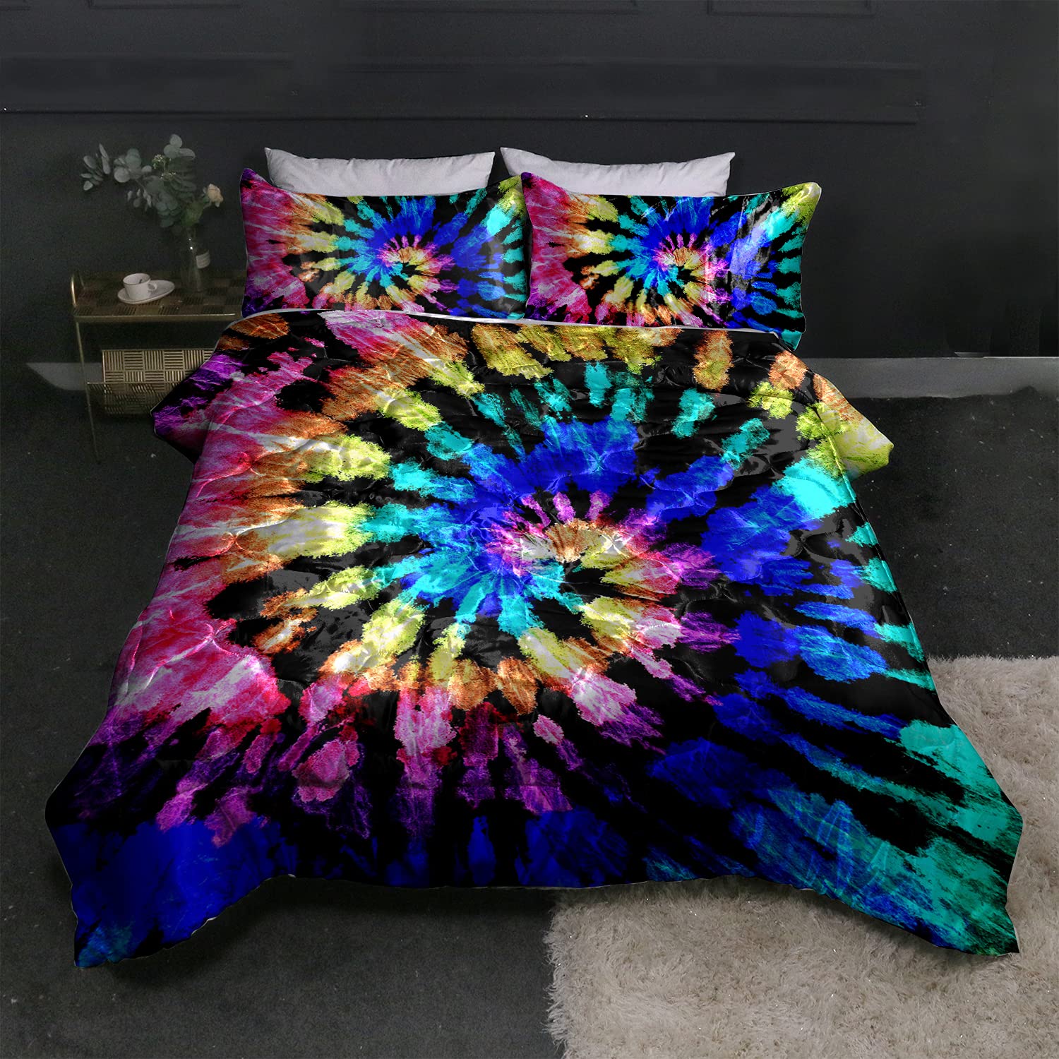 BlessLiving Satin Bedding Set - Full/Queen Size 3-Piece Tie Dye Comforter Set in Purple & Blue | Silky Soft Boho Chic Bedding for Boys, Girls & Adults | Perfect for Teen Rooms, Dorm Decor & Psychedelic Bedroom Themes