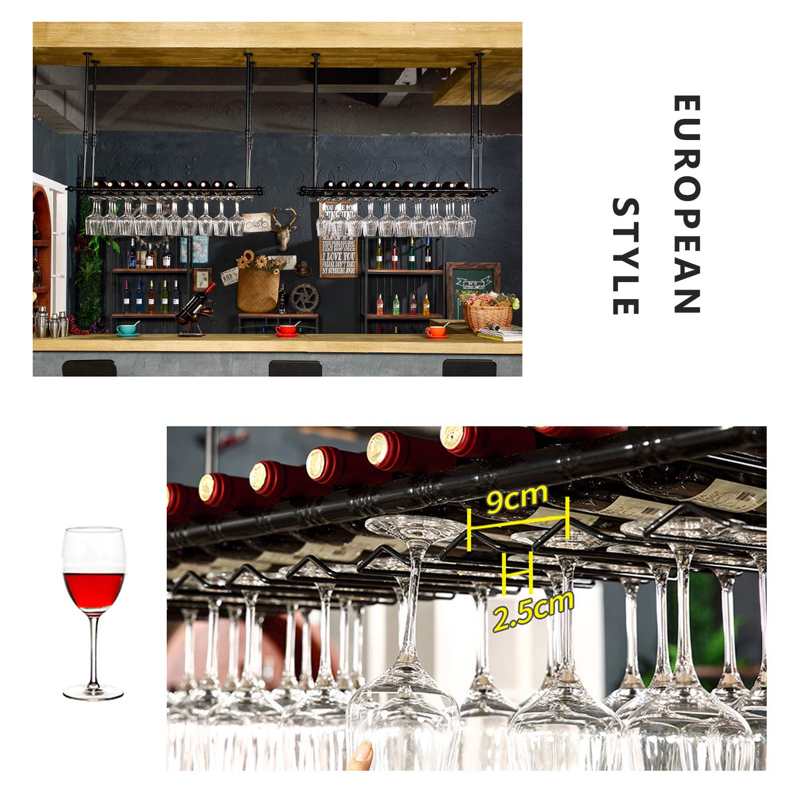 Adjustable Height Ceiling Mounted Floating Wine Rack - Bar Shelf with Glasses Holder for Wine Bottles Storage - Perfect for Restaurants, Cafes & Home Bars (Black)