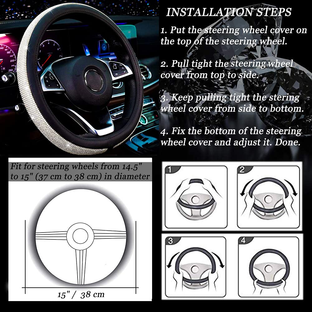Diamond Leather Steering Wheel Cover with Rhinestones - Universal Fit 15 Inch Car Wheel Protector for Women & Girls - Black Luxury Car Accessory for Driving Comfort & Style Enhancement