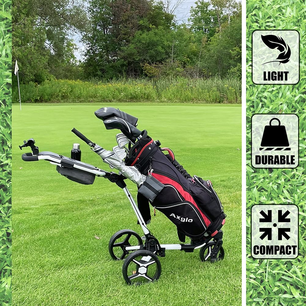 V2 Golf Push Cart - 3 Wheel Lightweight Golf Cart with 360° Swivel Front Wheel & Hand Brake | Easy Fold Design | Includes Cup Holder, Umbrella & Scorecard Holder | Perfect for Golf Courses, Driving Ranges & Outdoor Practice