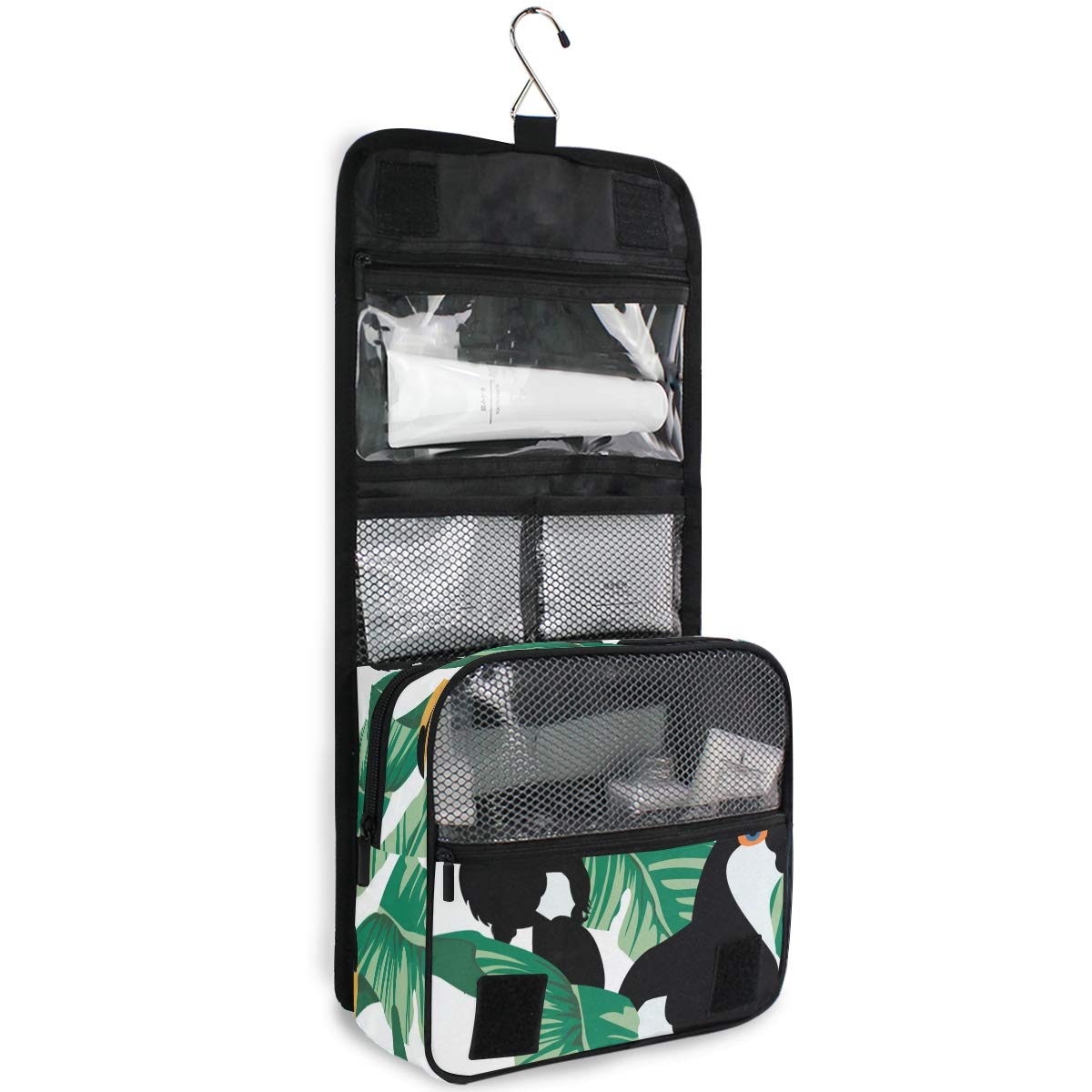 Linomo Hanging Travel Toiletry Bag for Women & Men - Waterproof Large Cosmetic Makeup Organizer with Hook - Perfect for Bathroom, Camping & Vacation (Tropical Leaves Toucan Design)