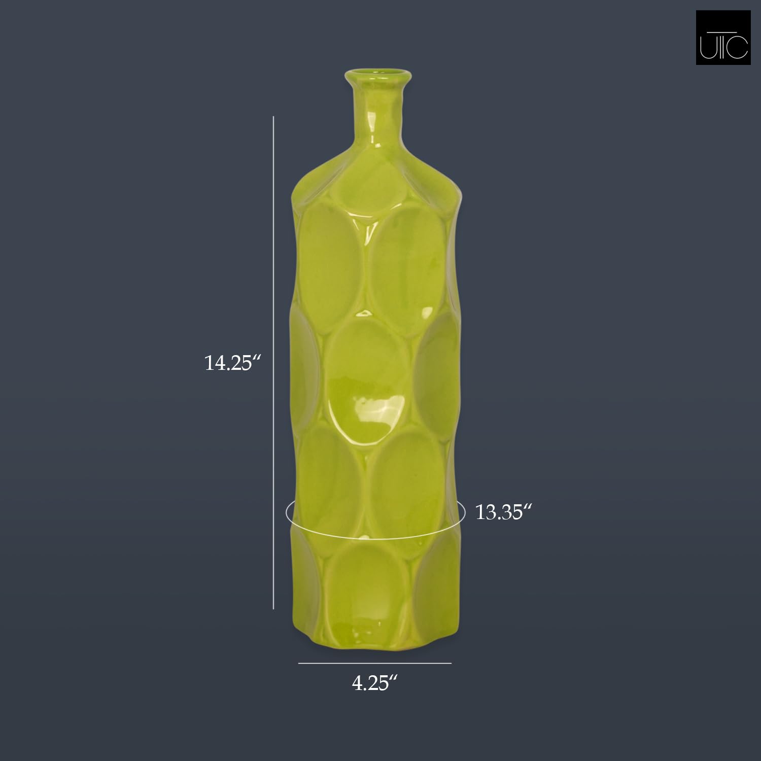 Handmade Ceramic Round Bottle Vase with Dimpled Sides - Small Glossy Green Home Decor for Centerpieces, Wedding Decor & Living Room Accents