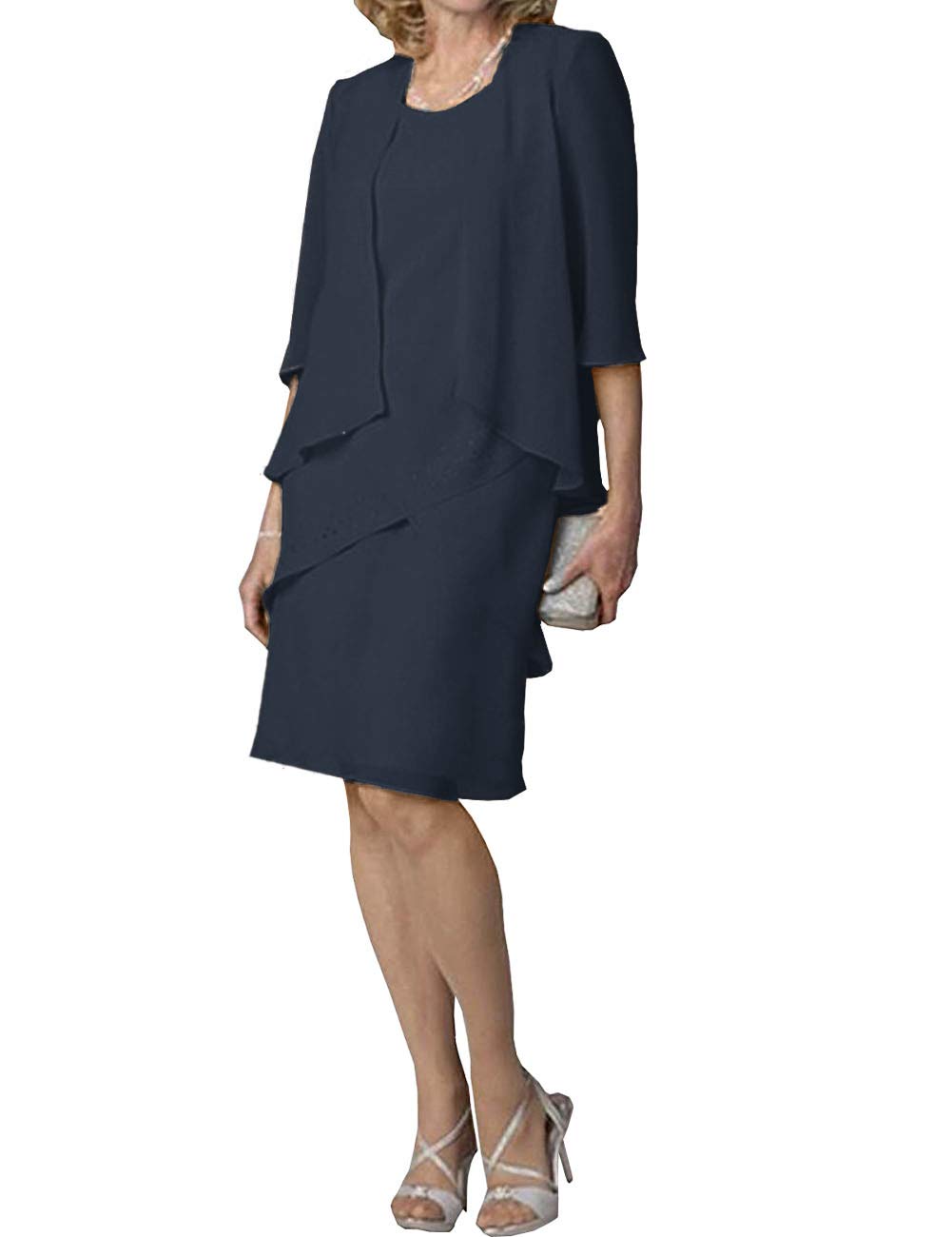 Elegant Mother of The Bride Dresses - Short Evening Formal Dress with 3/4 Sleeve Chiffon Jacket & Tiered Skirt | Perfect for Weddings, Cocktail Parties & Special Occasions