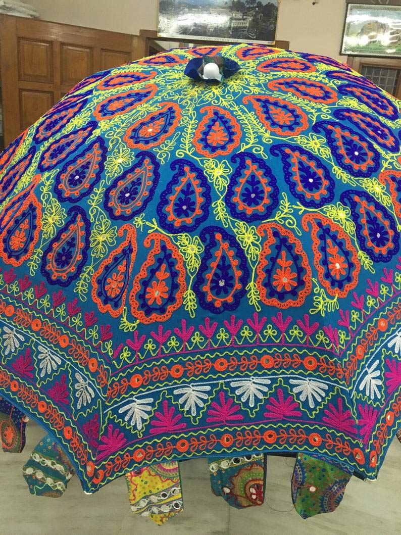 Traditional Indian Mirror Work Large Garden & Sun Umbrella | Handcrafted Peacock Design Patio Umbrella | Waterproof Outdoor Shade for Beach, Cafe & Backyard (Blue & Green)