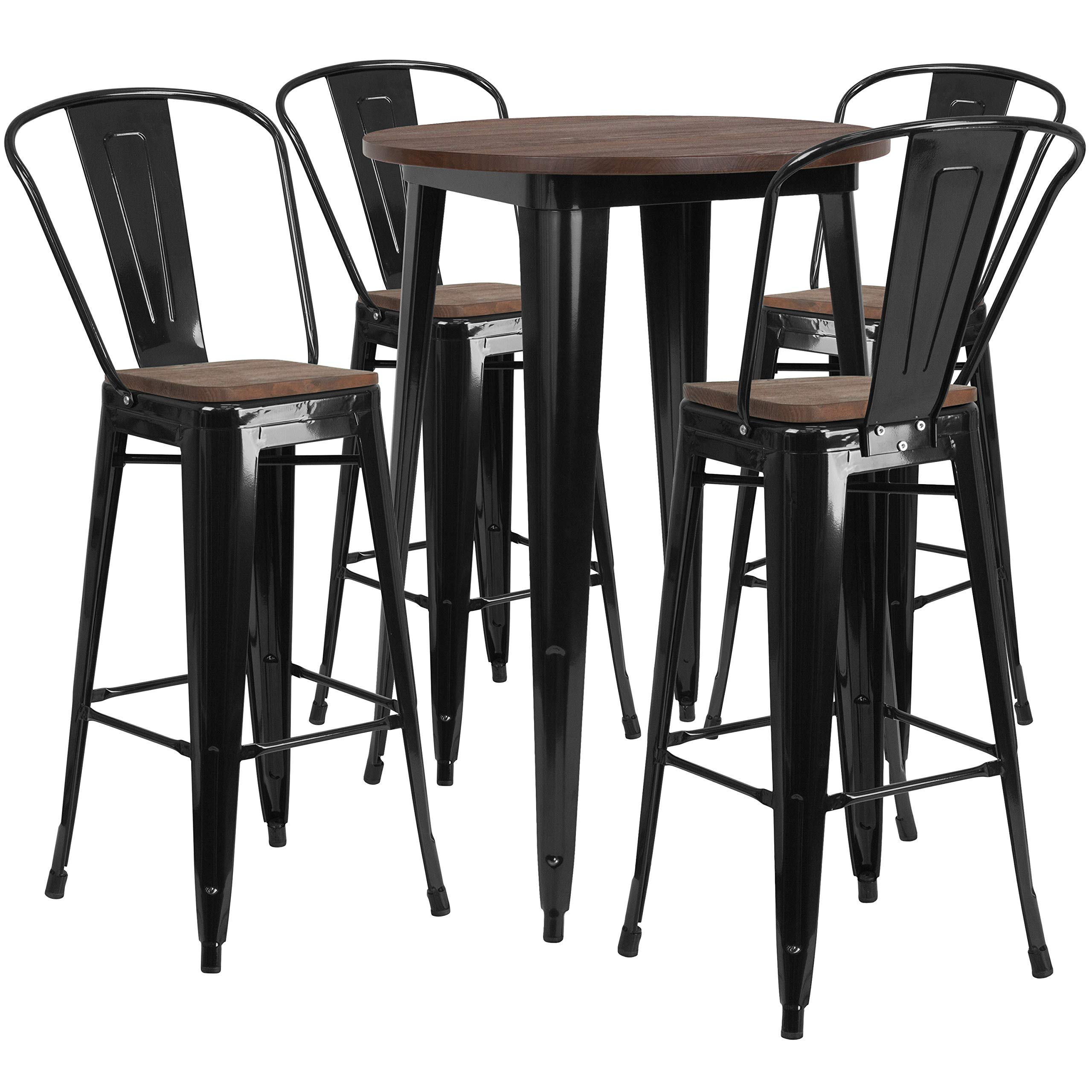 EMMA + OLIVER 30 Inch Round Black Metal and Wood Bar Table Set with 4 Stools - Counter Height Dining Set for Kitchen, Bar, Patio, and Outdoor Entertaining