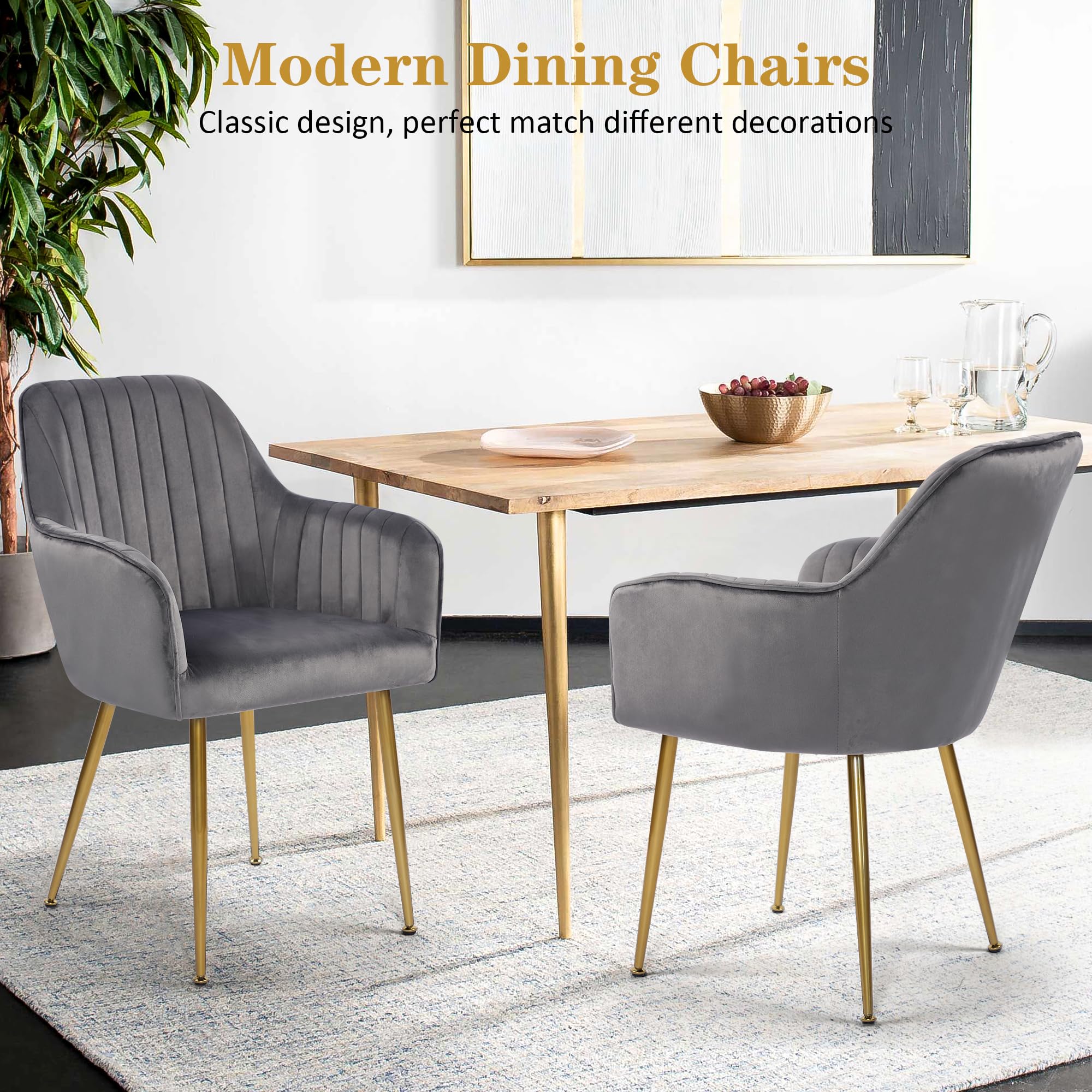 LSSPAID Velvet Dining Chairs Set of 2 - Grey Upholstered Modern Accent Chairs with Gold Metal Legs for Living Room, Bedroom, Dining Room | Comfortable Armchairs for Home Decor, Lounge & Entertainment Areas