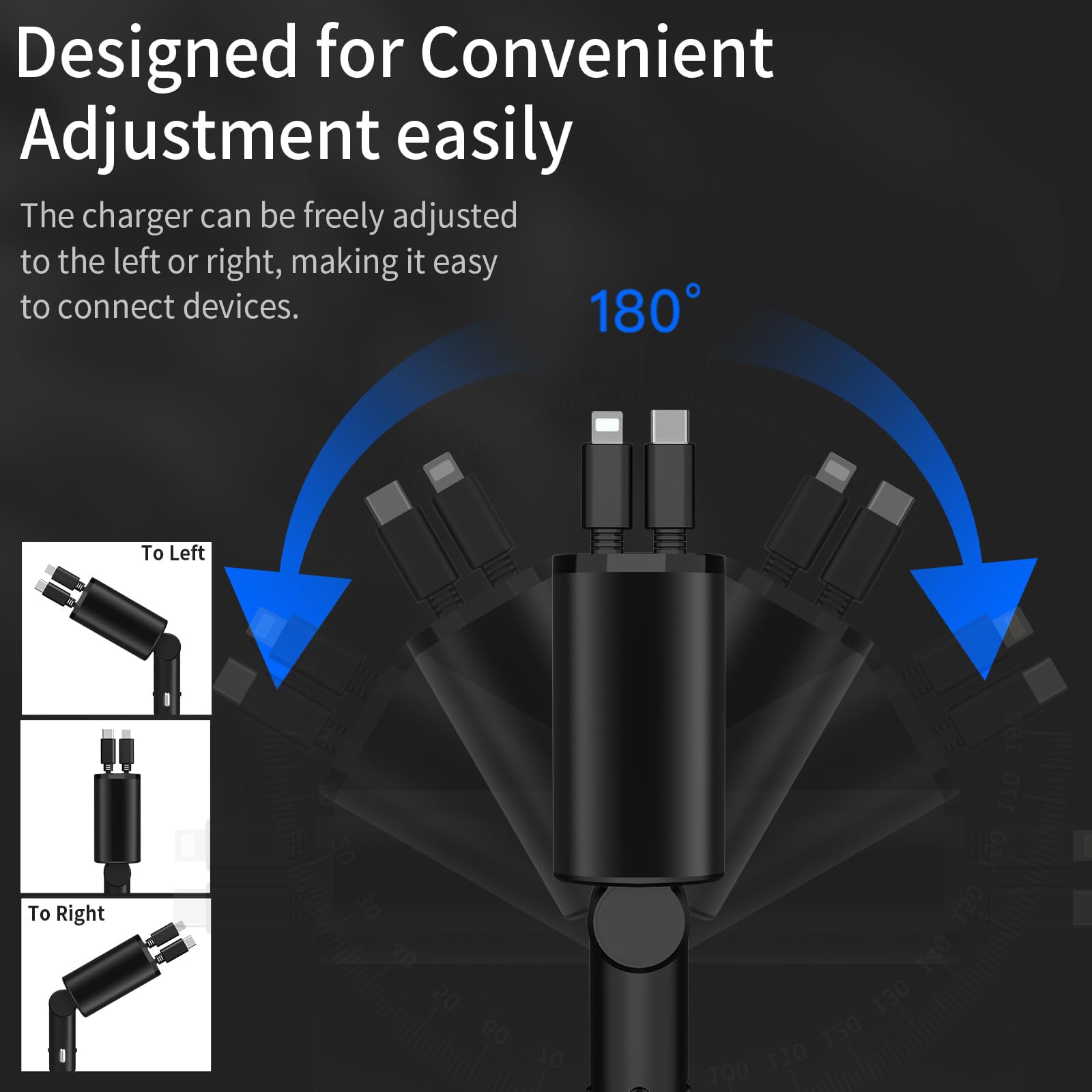 60W 4-in-1 Retractable Car Charger with Fast Charging & 2 USB Ports - Compatible with iPhone 15/14/13/12/11 Pro Max, Galaxy S23, Pixel - Perfect for Road Trips & Daily Commuting
