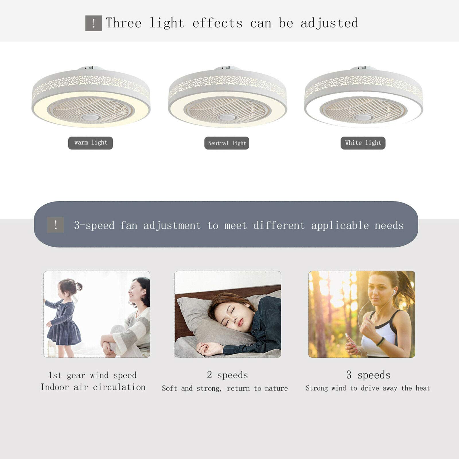 22'' Invisible Blade LED Ceiling Fan with Lights - Dimmable Remote Control, 3 Colors & 3 Speeds, 32W Modern Flush Mount Chandelier for Living Room, Bedroom, Dining Room - White